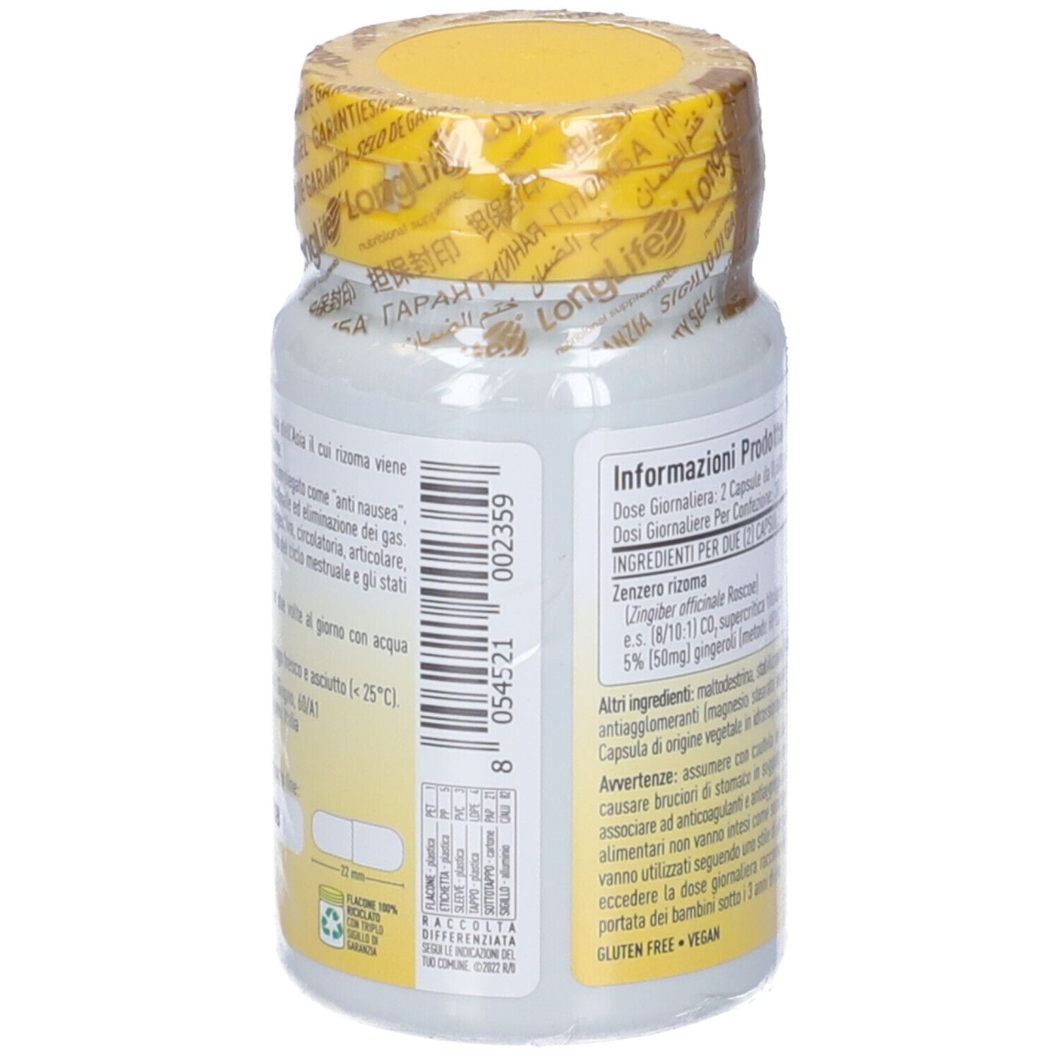 Retro del flacone. Informazioni testuali, inclusi ingredienti e dosaggio. Tappo giallo.