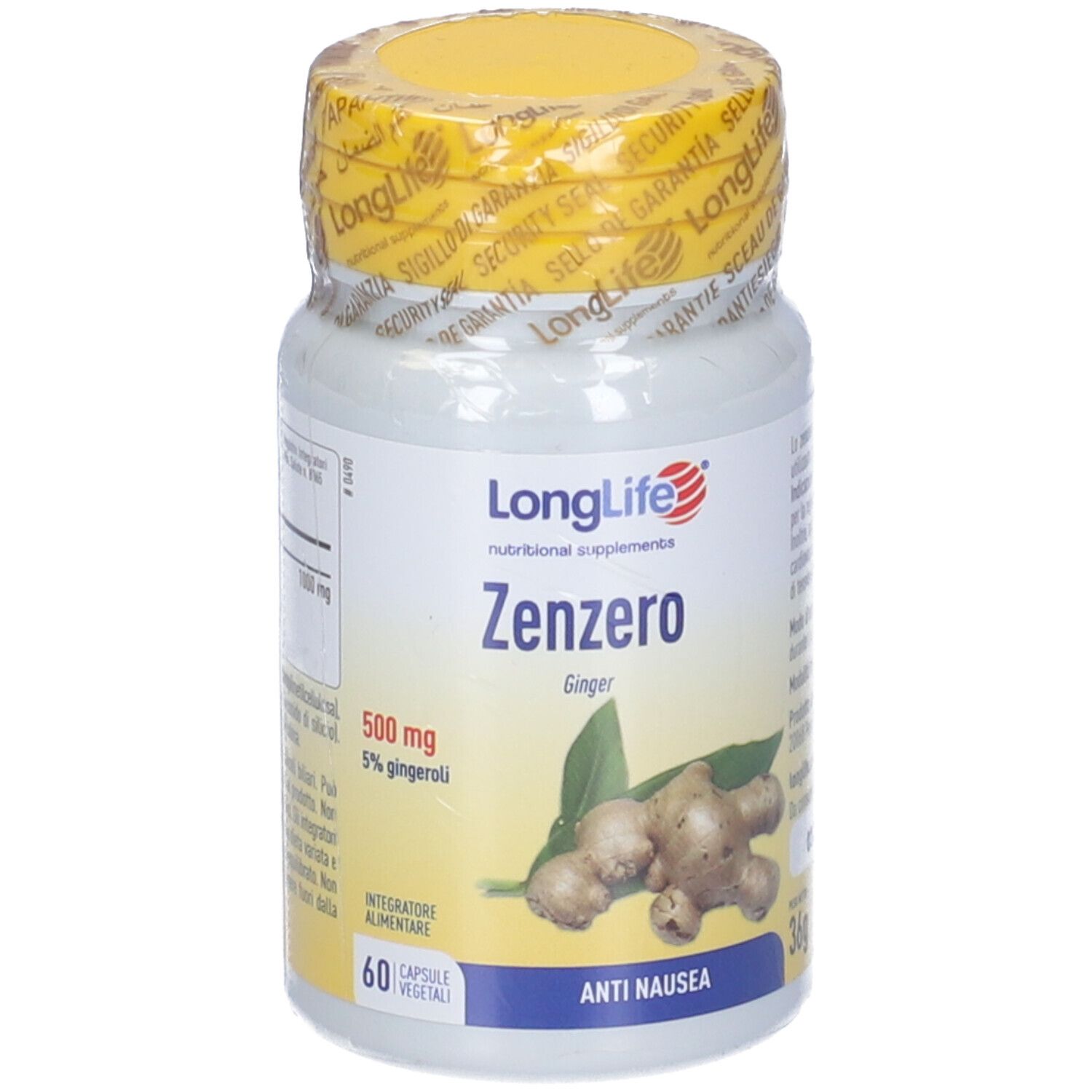 Flacone bianco con tappo giallo e sigillo. Scritta: LongLife Zenzero, 60 capsule. Immagine di zenzero.