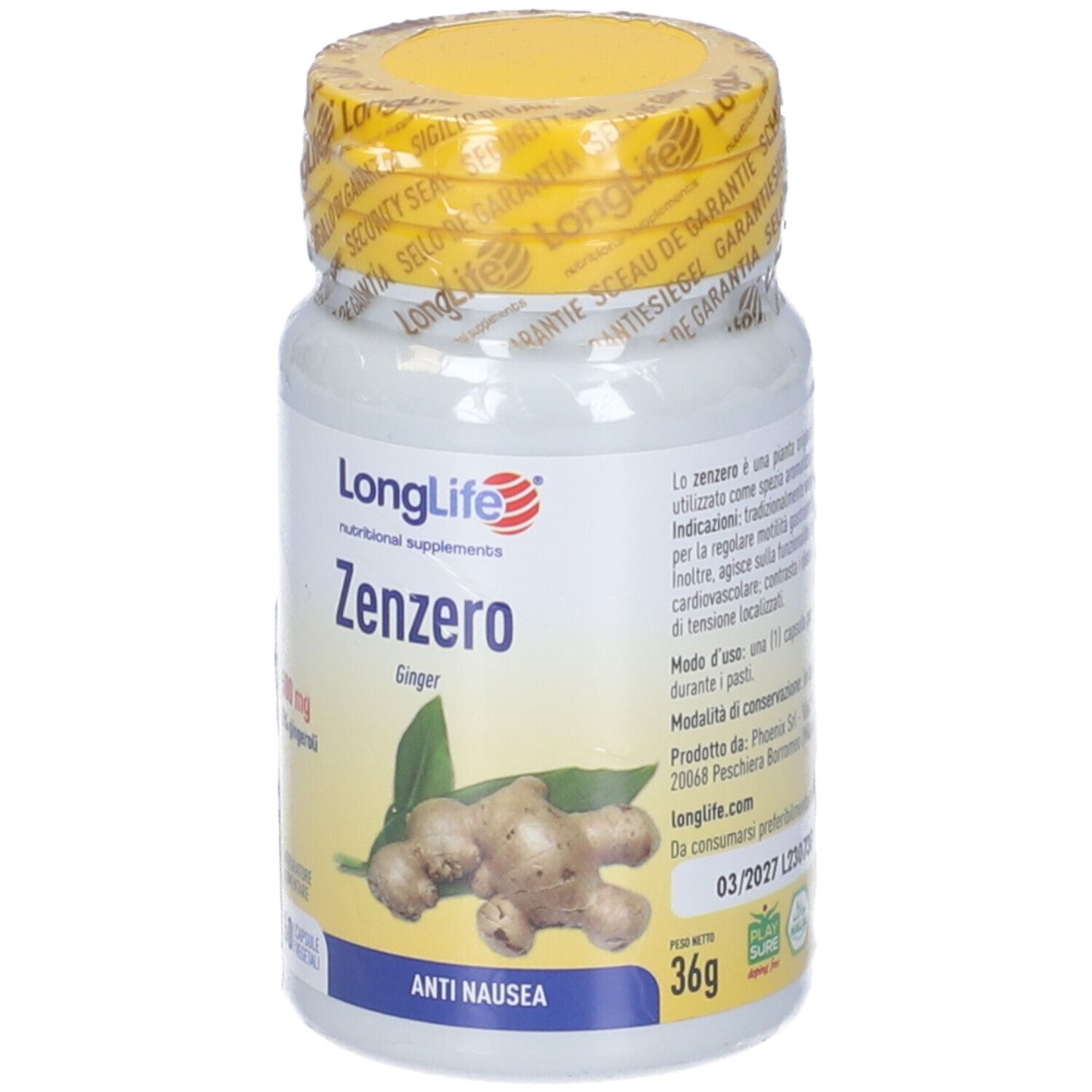 Flacone bianco con tappo giallo. Scritta: LongLife Zenzero, 60 capsule. Immagine di zenzero. Peso: 36g.