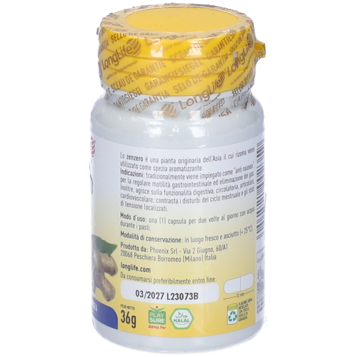 Retro del flacone. Informazioni testuali, inclusi ingredienti e dosaggio. Tappo giallo. Peso: 36g.