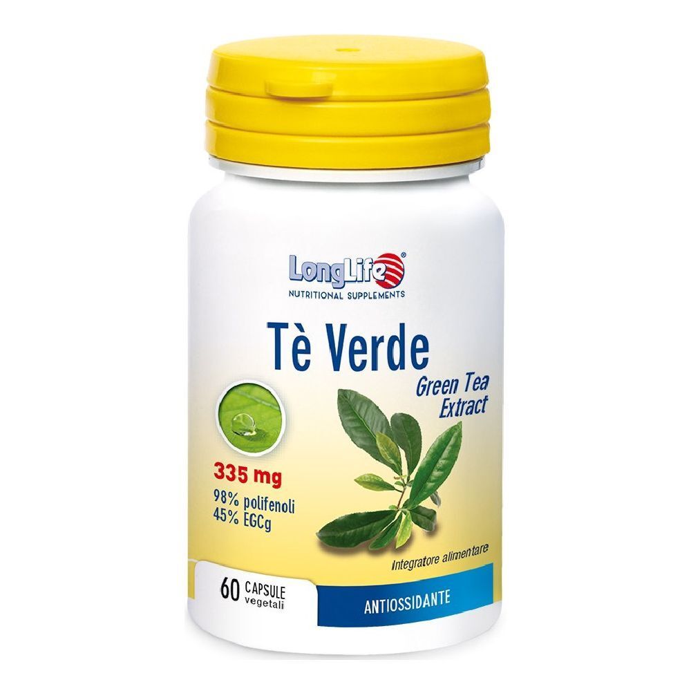 Flacone bianco con tappo giallo. Scritta: Tè Verde, 60 capsule. Estratto di tè verde. 335 mg, 98% polifenoli, 45% EGCG.