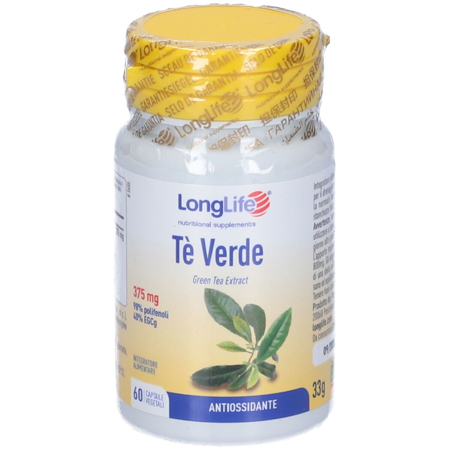 Flacone bianco con tappo giallo e sigillo. Scritta: Tè Verde, 60 capsule. Estratto di tè verde. 375 mg, 98% polifenoli, 40% EGCG.