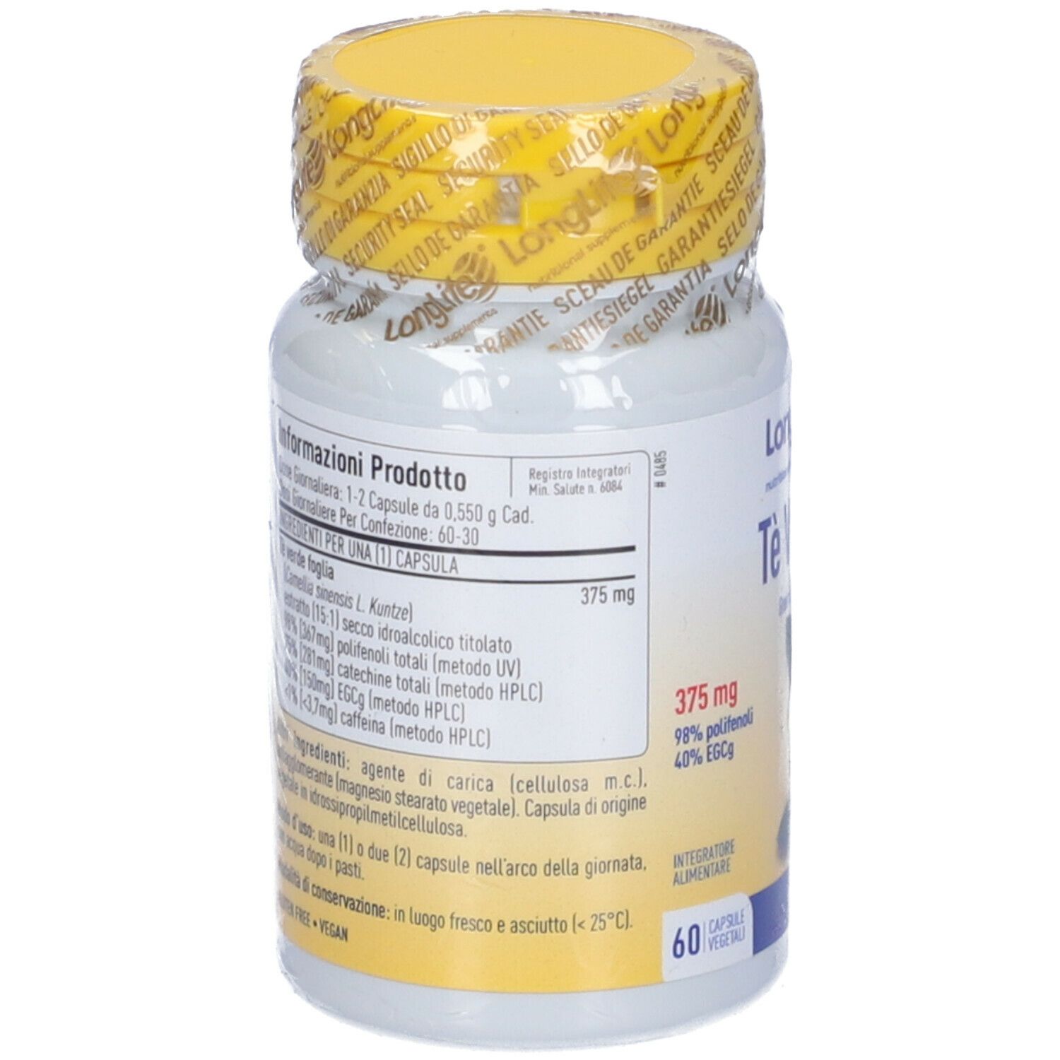 Retro del flacone. Informazioni sul prodotto, ingredienti, dosaggio. 60 capsule. Vegano. Senza glutine.