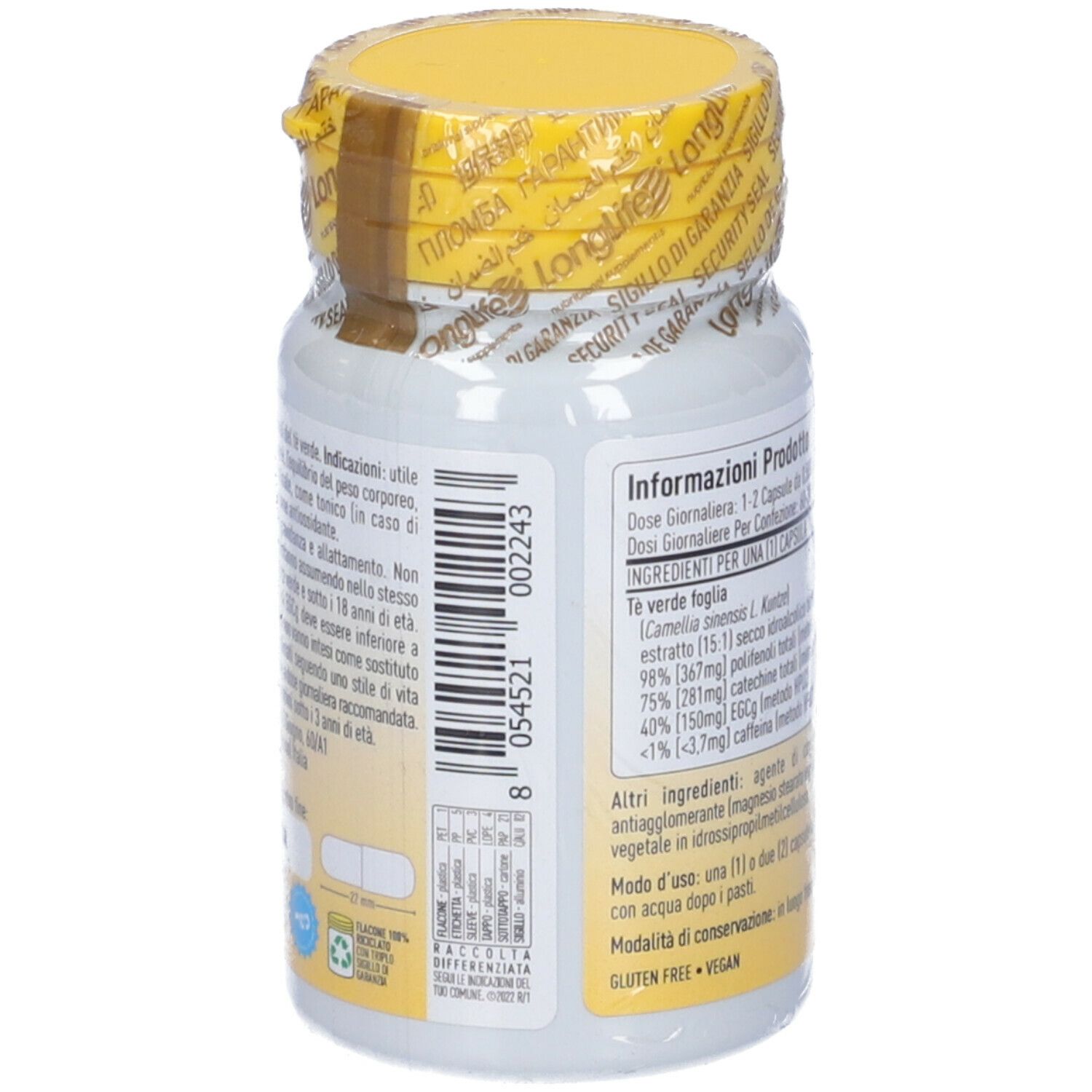 Retro del flacone. Informazioni sul prodotto, ingredienti, dosaggio. 60 capsule. Vegano. Senza glutine.