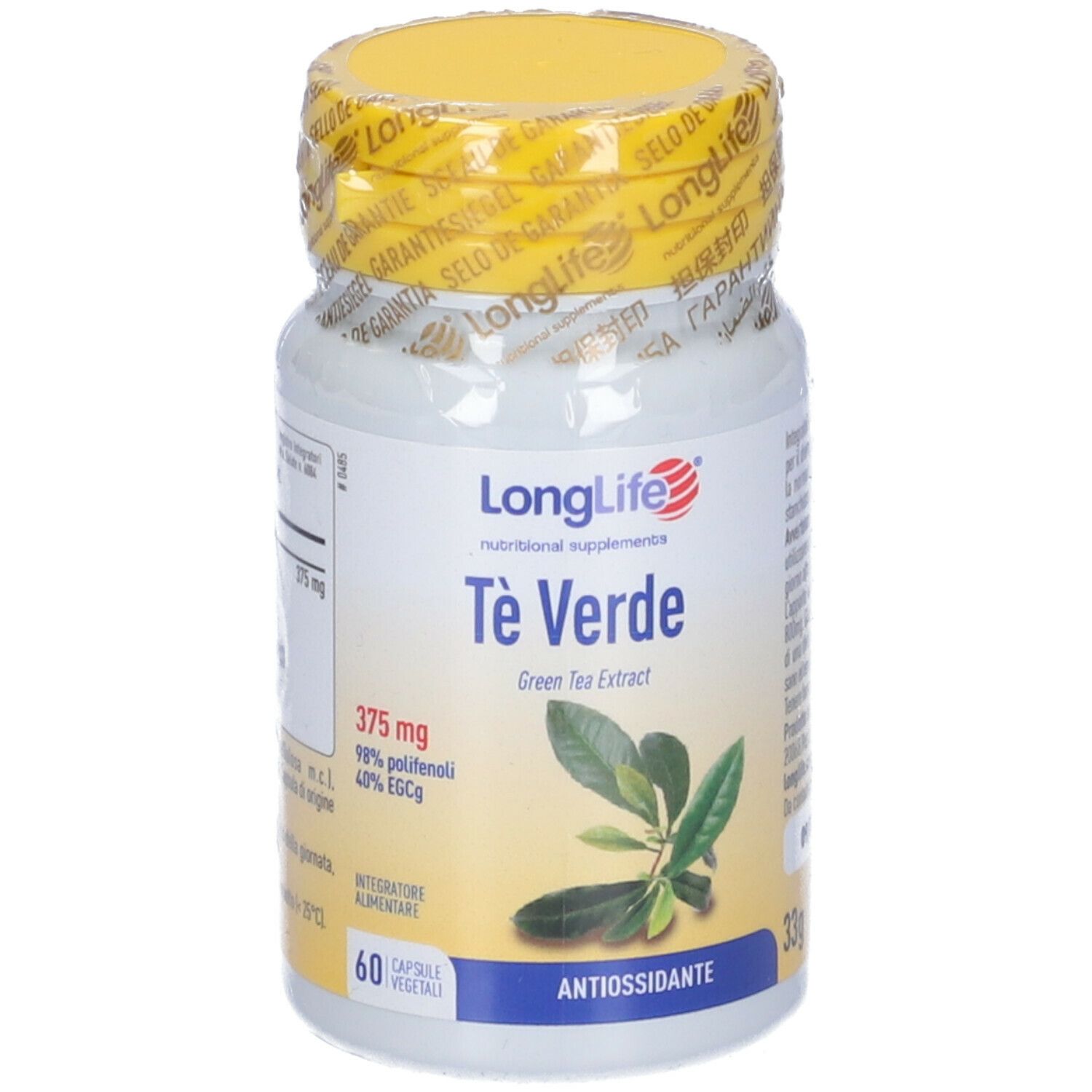 Flacone bianco con tappo giallo e sigillo. Scritta: Tè Verde, 60 capsule. Estratto di tè verde. 375 mg, 98% polifenoli, 40% EGCG.