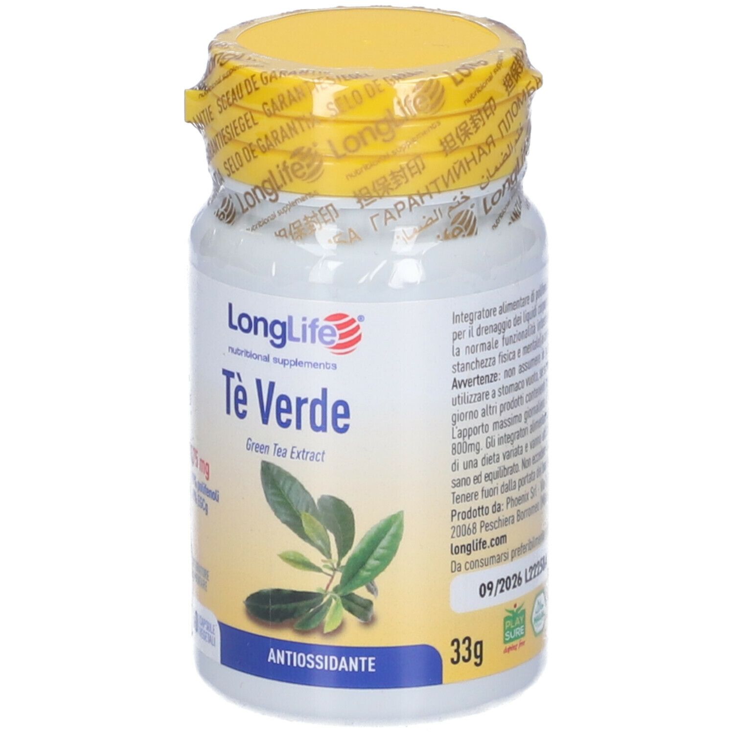 Flacone bianco con tappo giallo e sigillo. Scritta: Tè Verde, 60 capsule. Estratto di tè verde. 375 mg, 98% polifenoli, 40% EGCG.