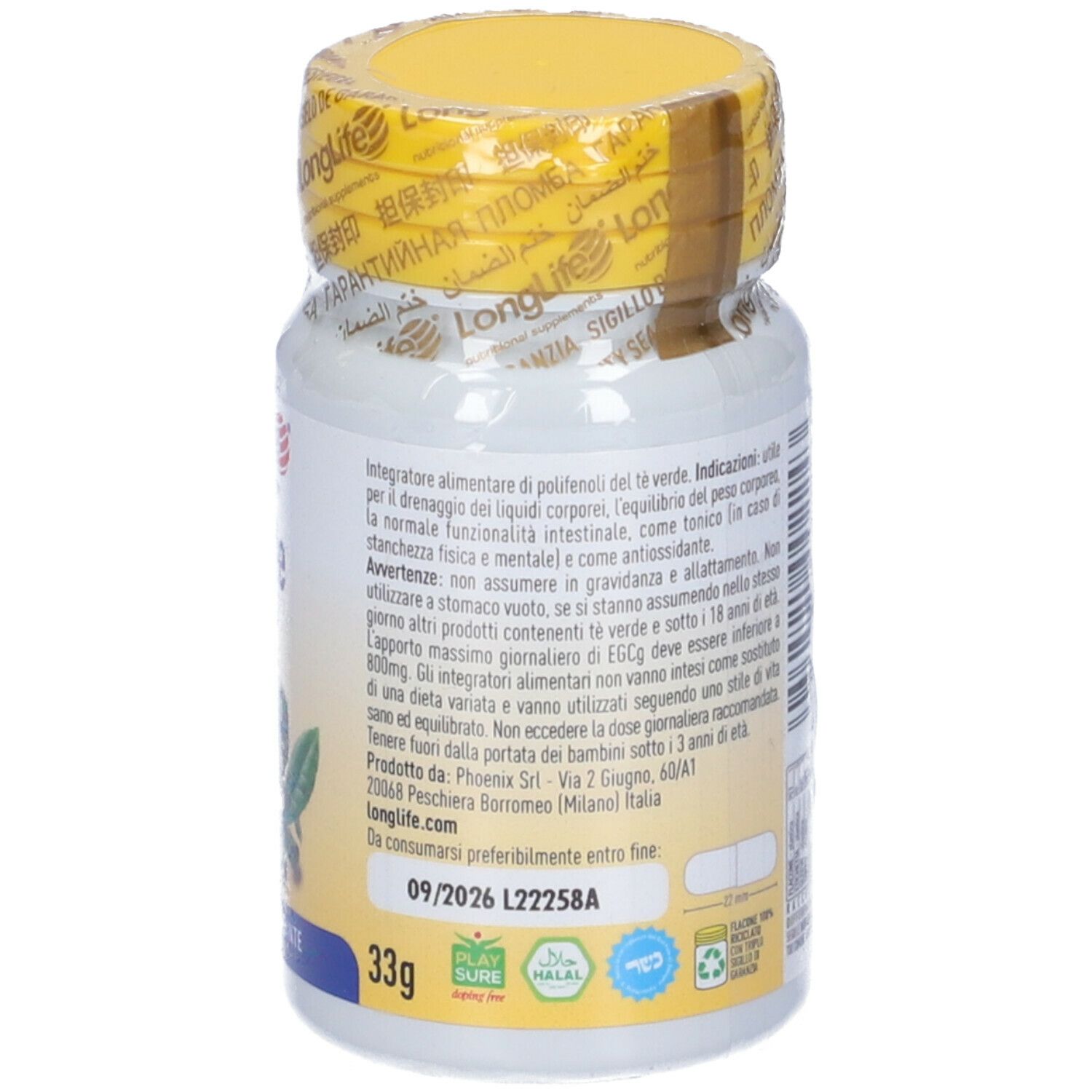 Retro del flacone. Informazioni sul prodotto, ingredienti, dosaggio. 60 capsule. Vegano. Senza glutine.