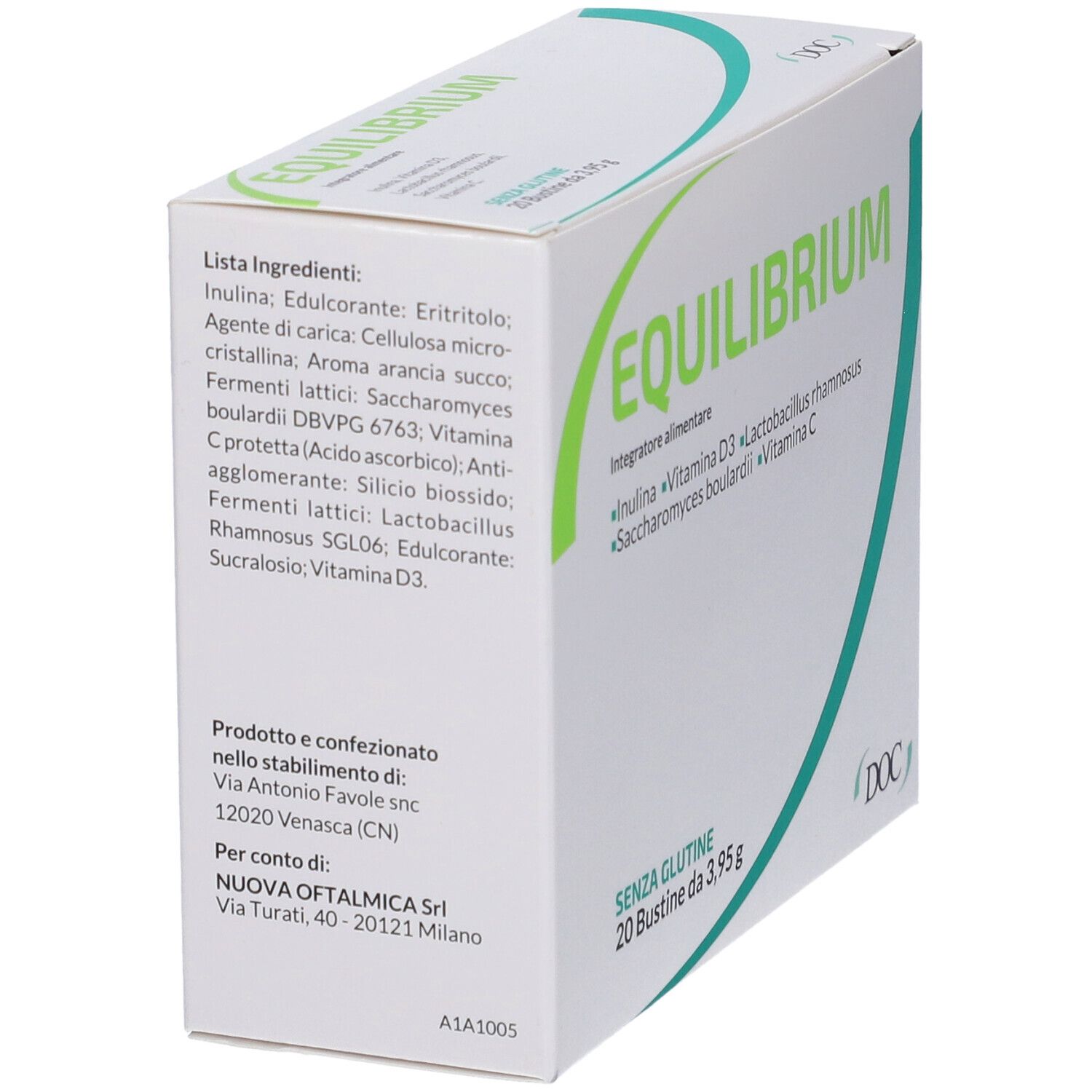 Boîte EQUILIBRIUM en biais. Liste des ingrédients: Inuline, édulcorant, arôme, etc. Sans gluten. 20 sachets. Marque DOC.