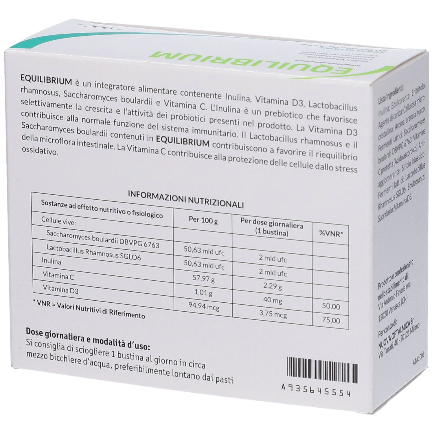 Boîte EQUILIBRIUM avec informations nutritionnelles. Contient cellules vivantes, inuline, vitamine C, vitamine D3. 20 sachets. DOC.
