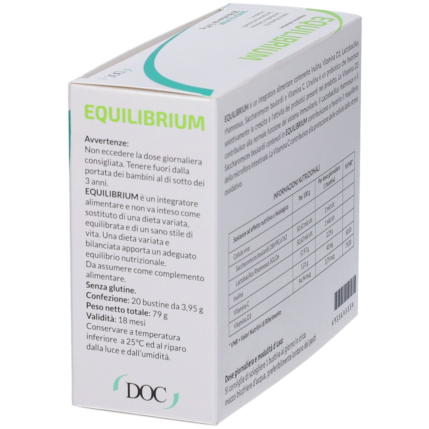 Boîte EQUILIBRIUM avec avertissements et informations nutritionnelles. Contient 20 sachets. Poids total 79g. Marque DOC.