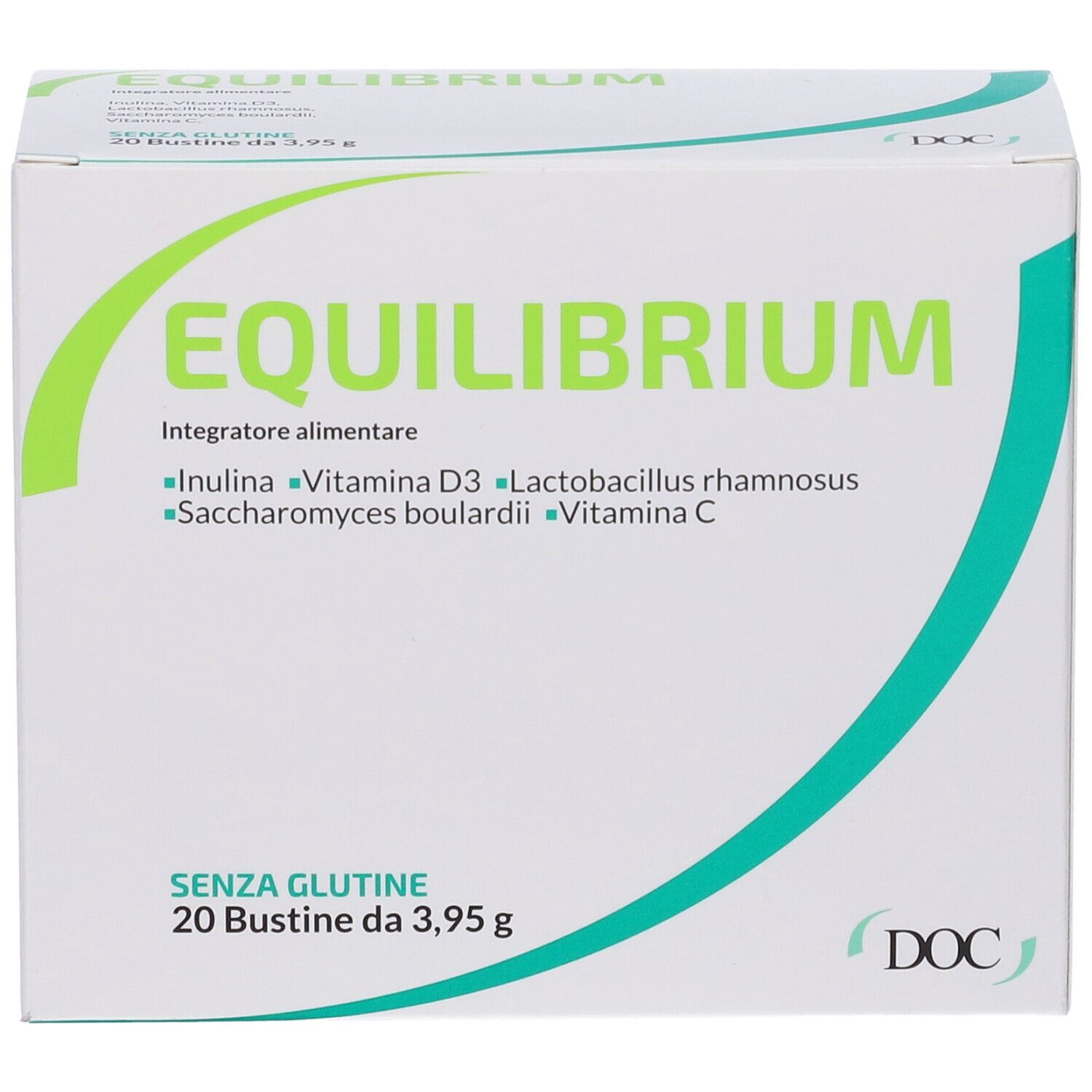 Boîte EQUILIBRIUM. Contient inuline, vitamine D3, Lactobacillus rhamnosus, Saccharomyces boulardii et vitamine C. 20 sachets. Sans gluten.