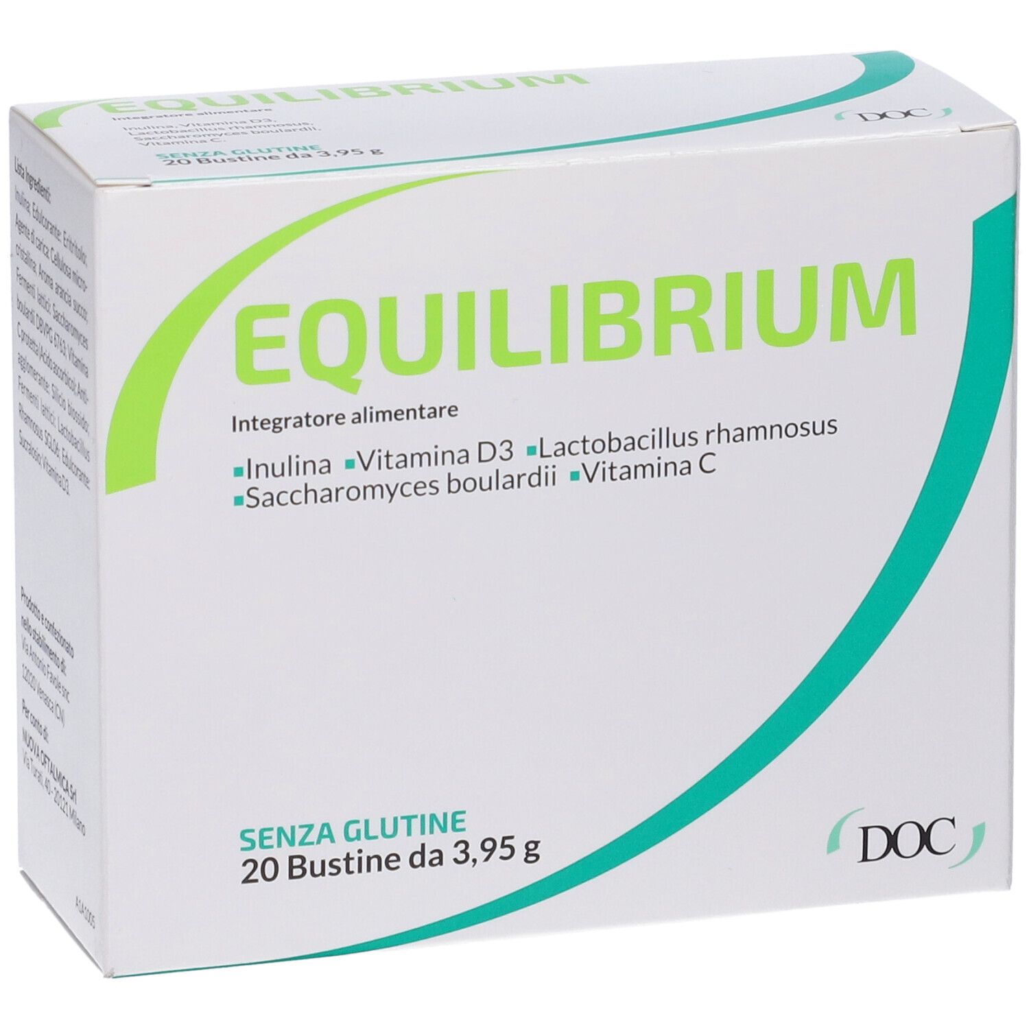 Boîte EQUILIBRIUM. Contient inuline, vitamine D3, Lactobacillus rhamnosus, Saccharomyces boulardii et vitamine C. 20 sachets. Sans gluten.
