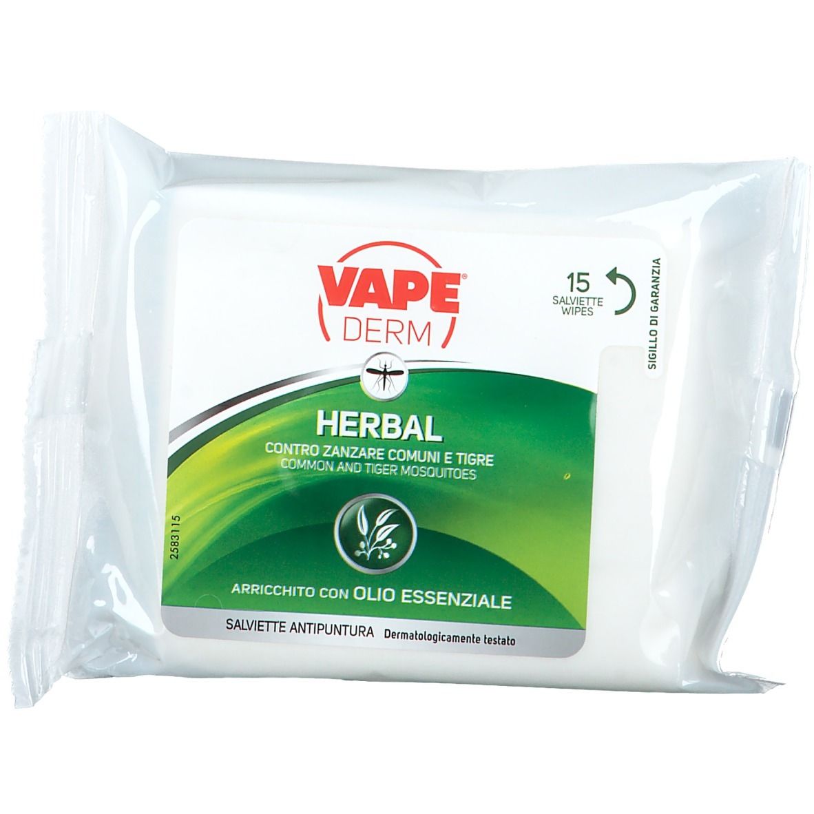 Confezione di salviette VAPE Derm Herbal Antipuntura. Confezione bianca rettangolare con etichetta verde. Testo: Herbal, 15 salviette.