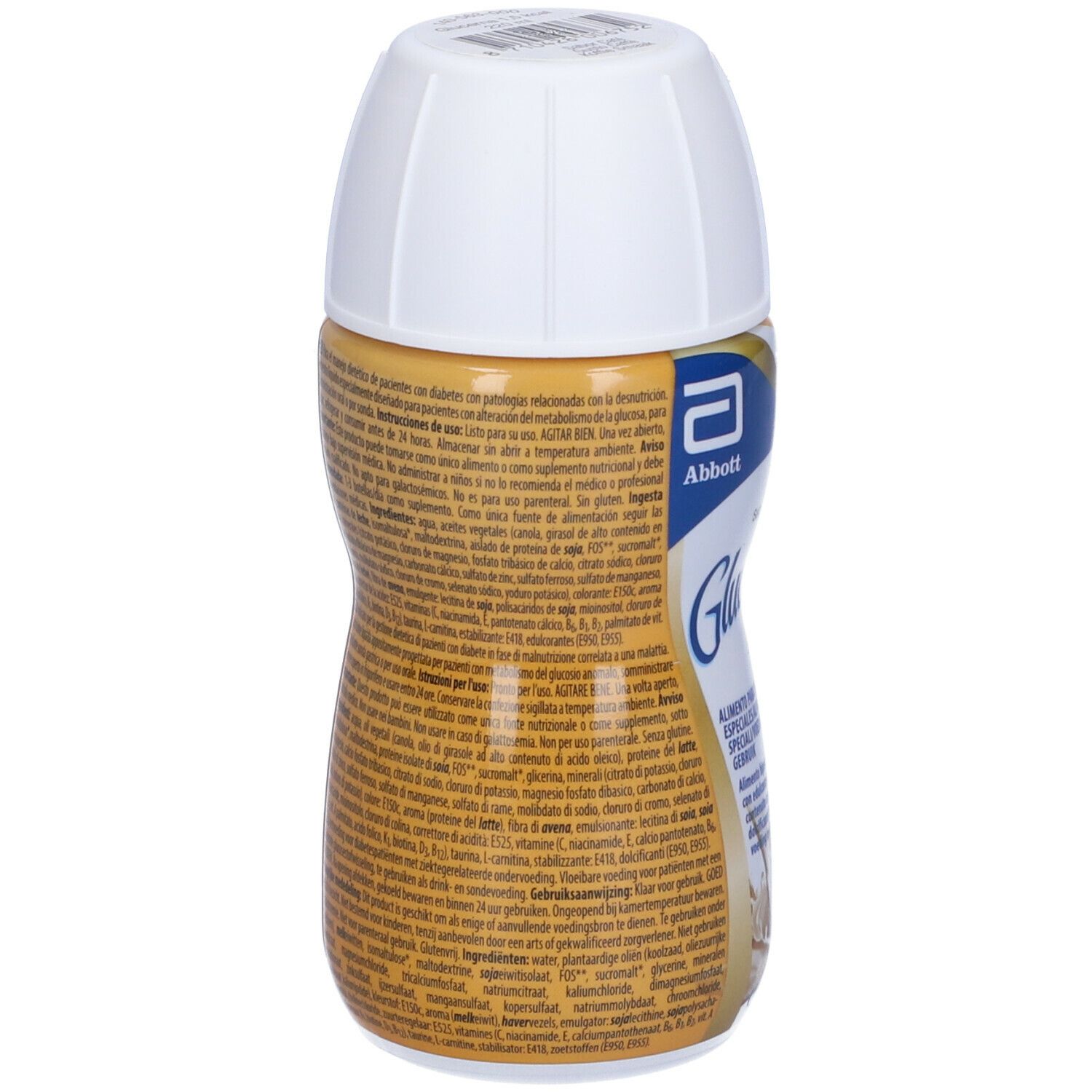 Bottiglia Abbott Glucerna 1,5 kcal, liquido giallo, tappo bianco. Testo multilingue.