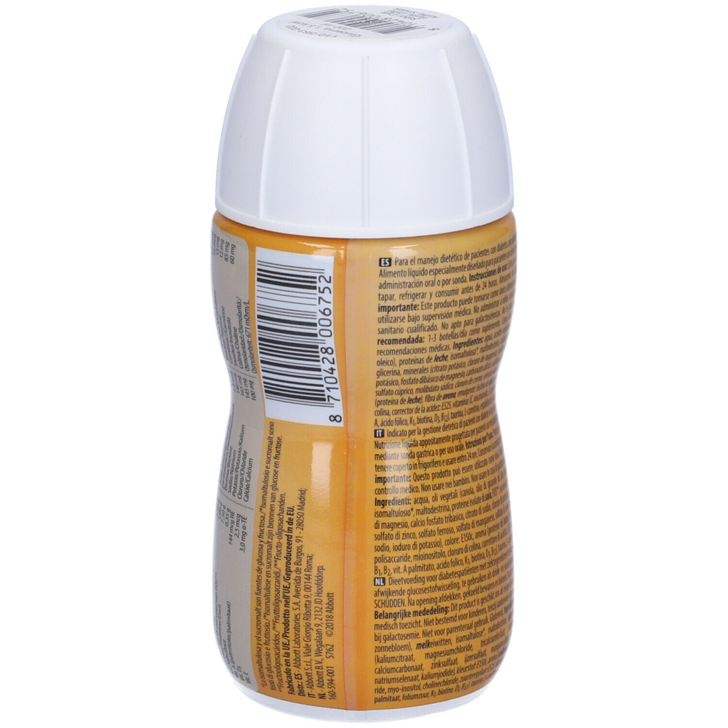 Retro bottiglia Abbott Glucerna 1,5 kcal. Testo multilingue e codice a barre.