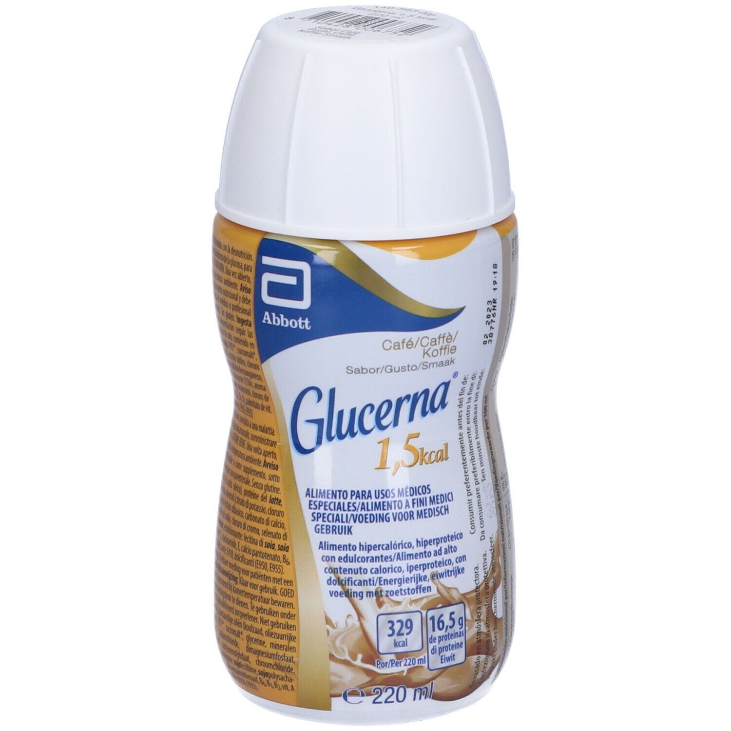 Bottiglia Abbott Glucerna 1,5 kcal Caffè, liquido marrone, tappo bianco. Logo e testo.