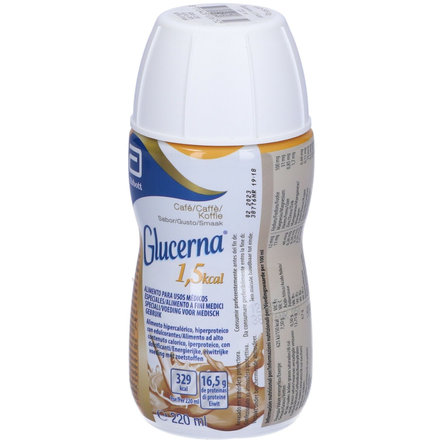 Bottiglia Abbott Glucerna 1,5 kcal Caffè, liquido marrone, tappo bianco. Informazioni nutrizionali.
