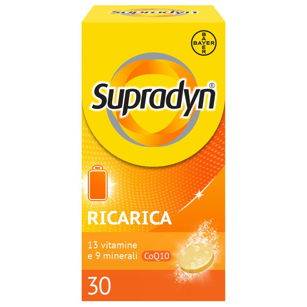 Scatola gialla Supradyn Recharge. Contiene 30 compresse effervescenti. Scritta: 13 vitamine, 9 minerali, CoQ10.