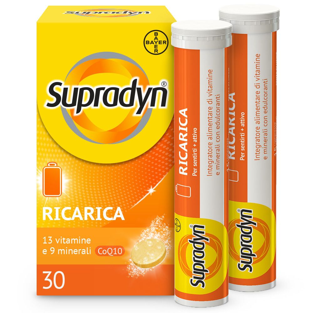 Confezione Supradyn Recharge con 30 compresse effervescenti e due tubi. Scritta: 13 vitamine, 9 minerali, CoQ10.