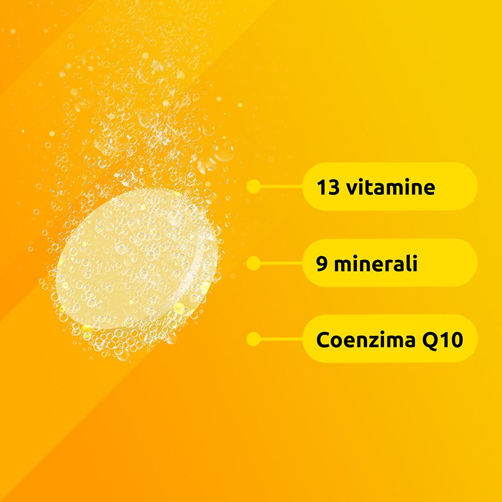 Compressa gialla in acqua. Testo: 13 vitamine, 9 minerali, coenzima Q10.