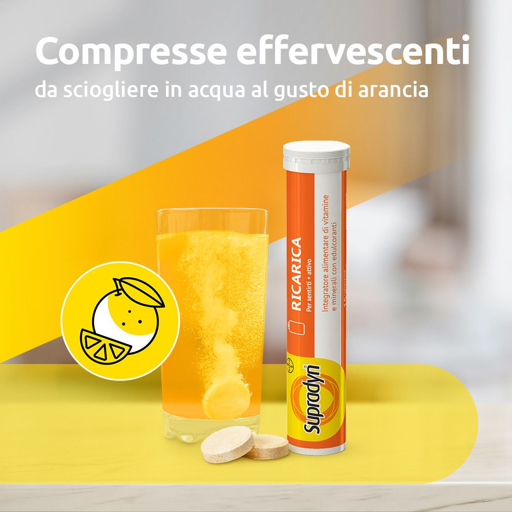 Bicchiere con compressa effervescente sciolta e compresse. Scritta: Supradyn Recharge.