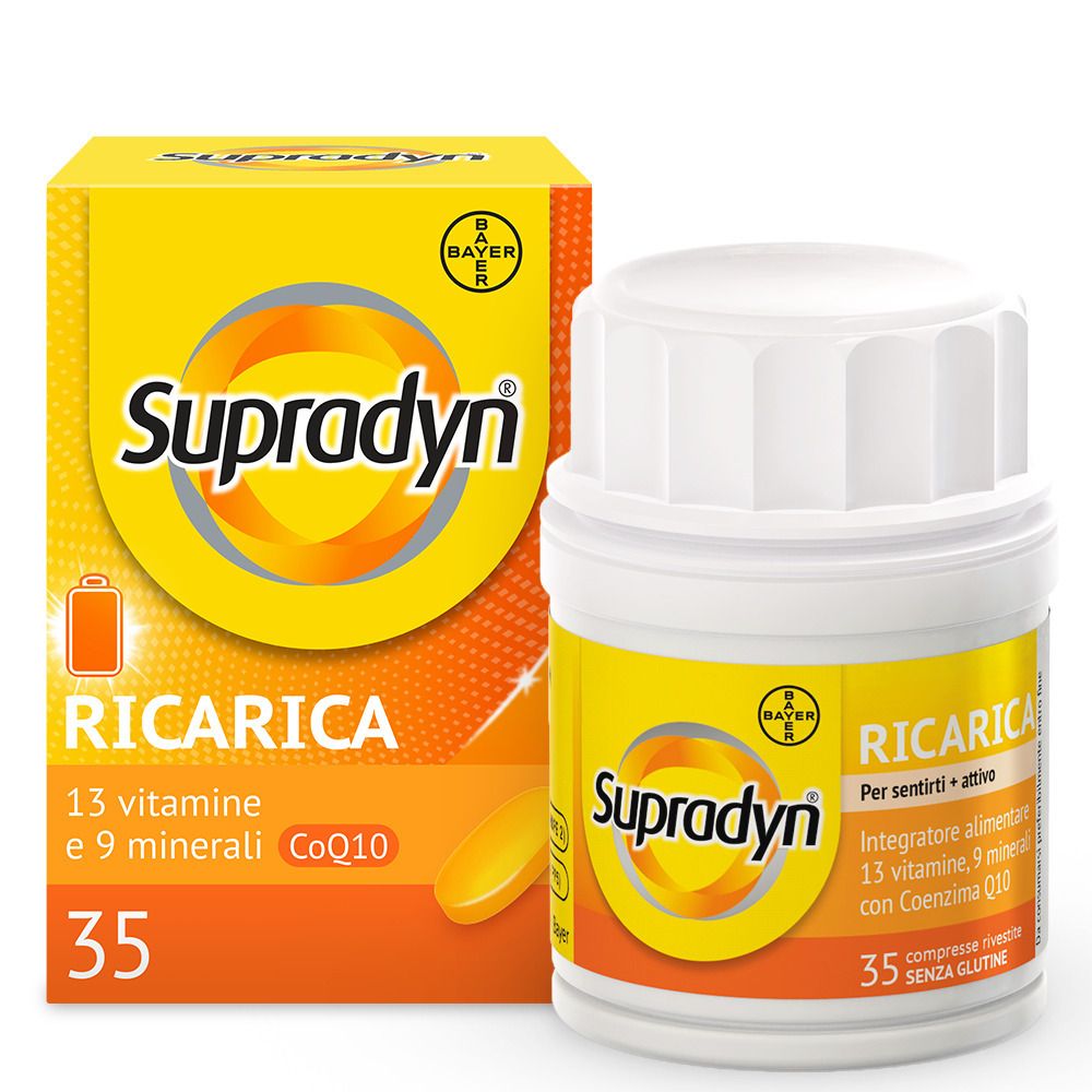 Confezione e flacone di compresse. Scritta: Supradyn Ricarica.