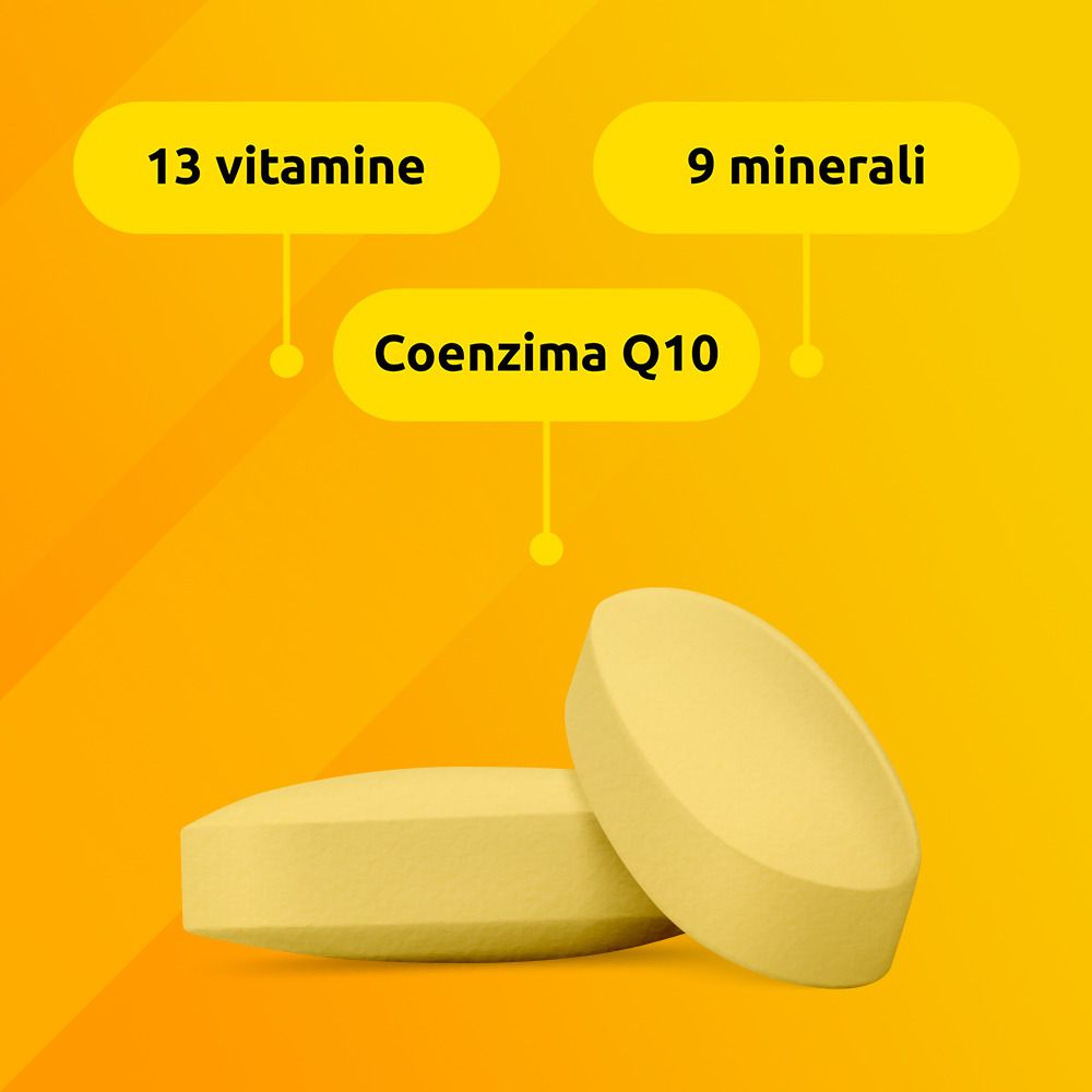 Due compresse gialle e testo: 13 vitamine, 9 minerali, Coenzima Q10.