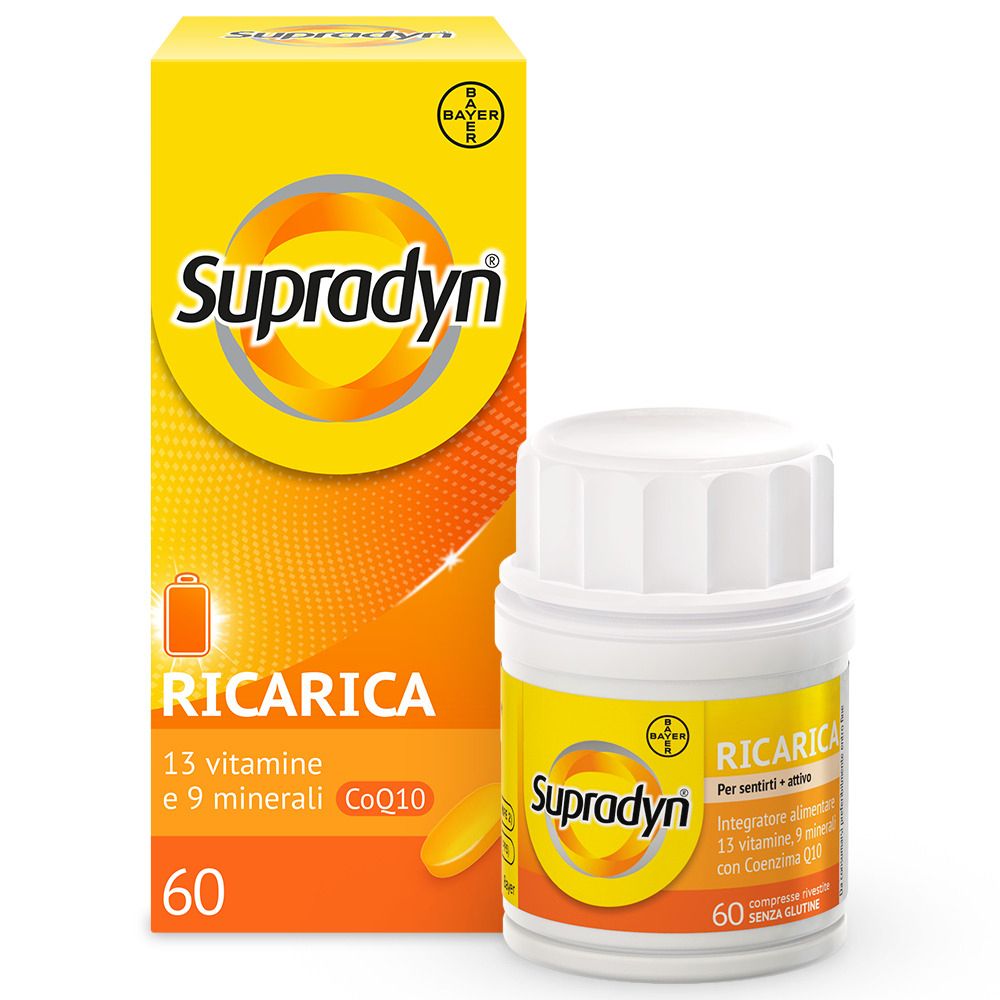 Scatola gialla e flacone bianco con nome del prodotto e informazioni. Una compressa.