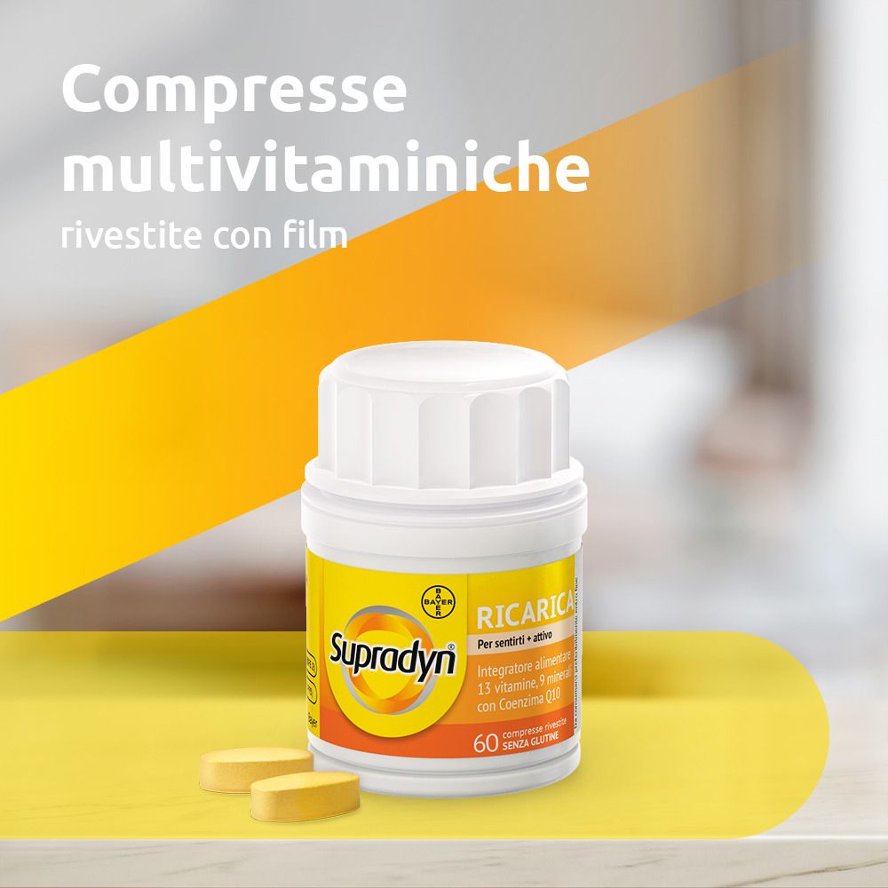 Flacone bianco con compresse gialle e informazioni. Sfondo: interno.