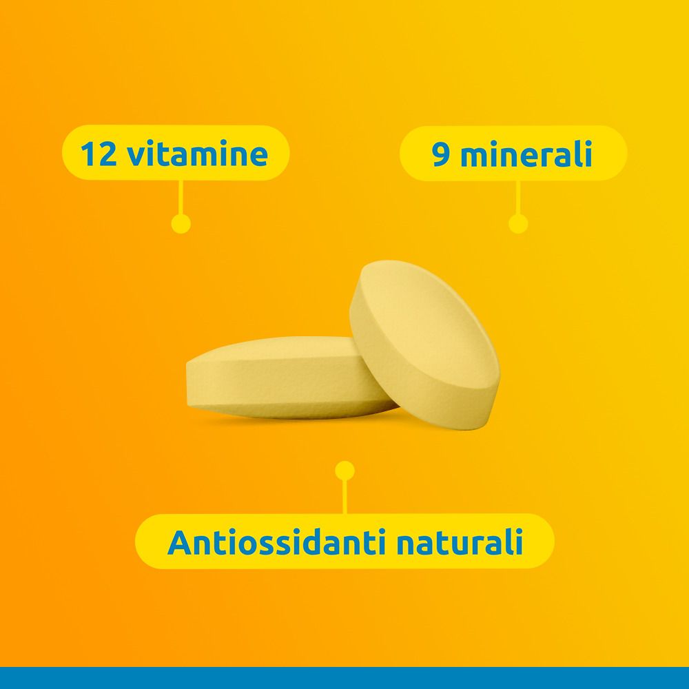Zwei gelbe Tabletten mit den Aufschriften: 12 Vitamine, 9 Mineralien, Antioxidantien.