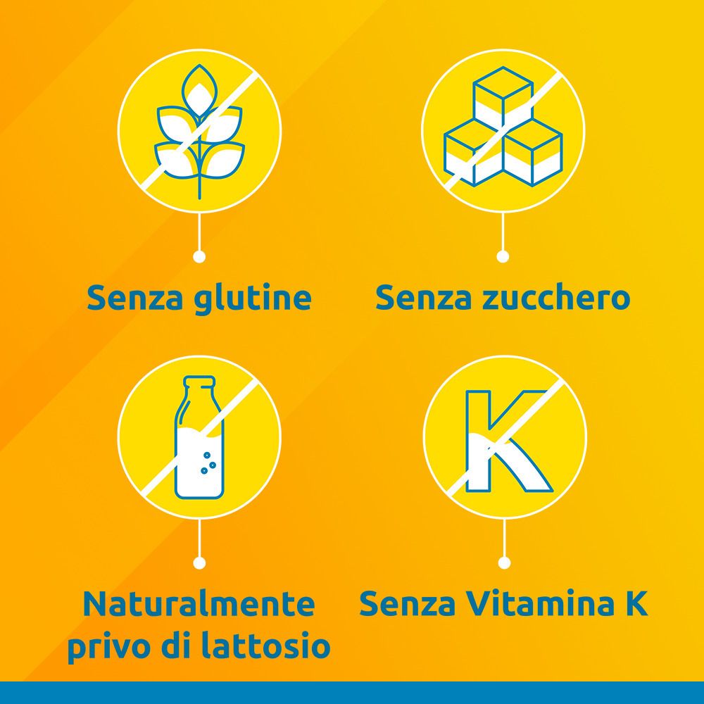 Symbole: Glutenfrei, zuckerfrei, laktosefrei, kein Vitamin K. Gelber Hintergrund.