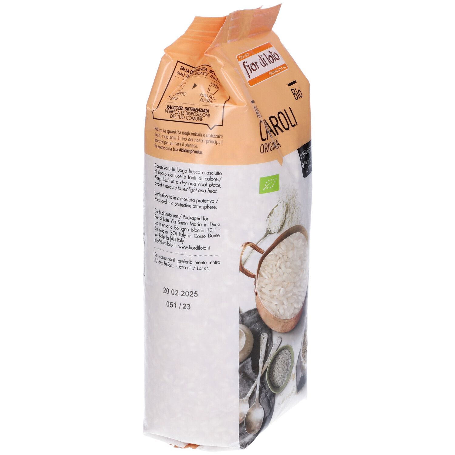 Retro della confezione di riso. Testo: Riso Carnaroli, Bio. Informazioni su ingredienti e valori nutrizionali.