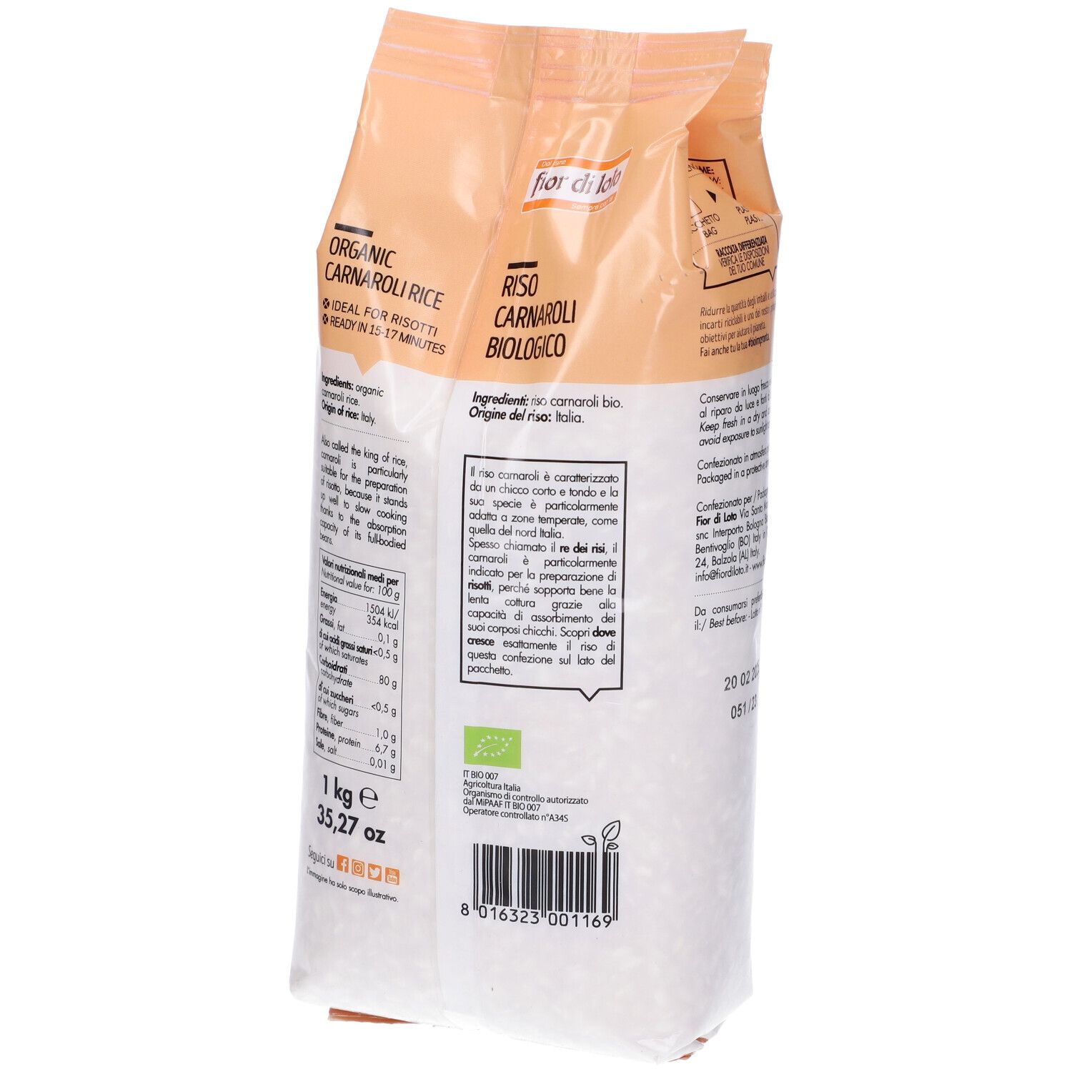 Retro della confezione di riso. Testo: Riso Carnaroli, Bio. Informazioni su ingredienti e valori nutrizionali.