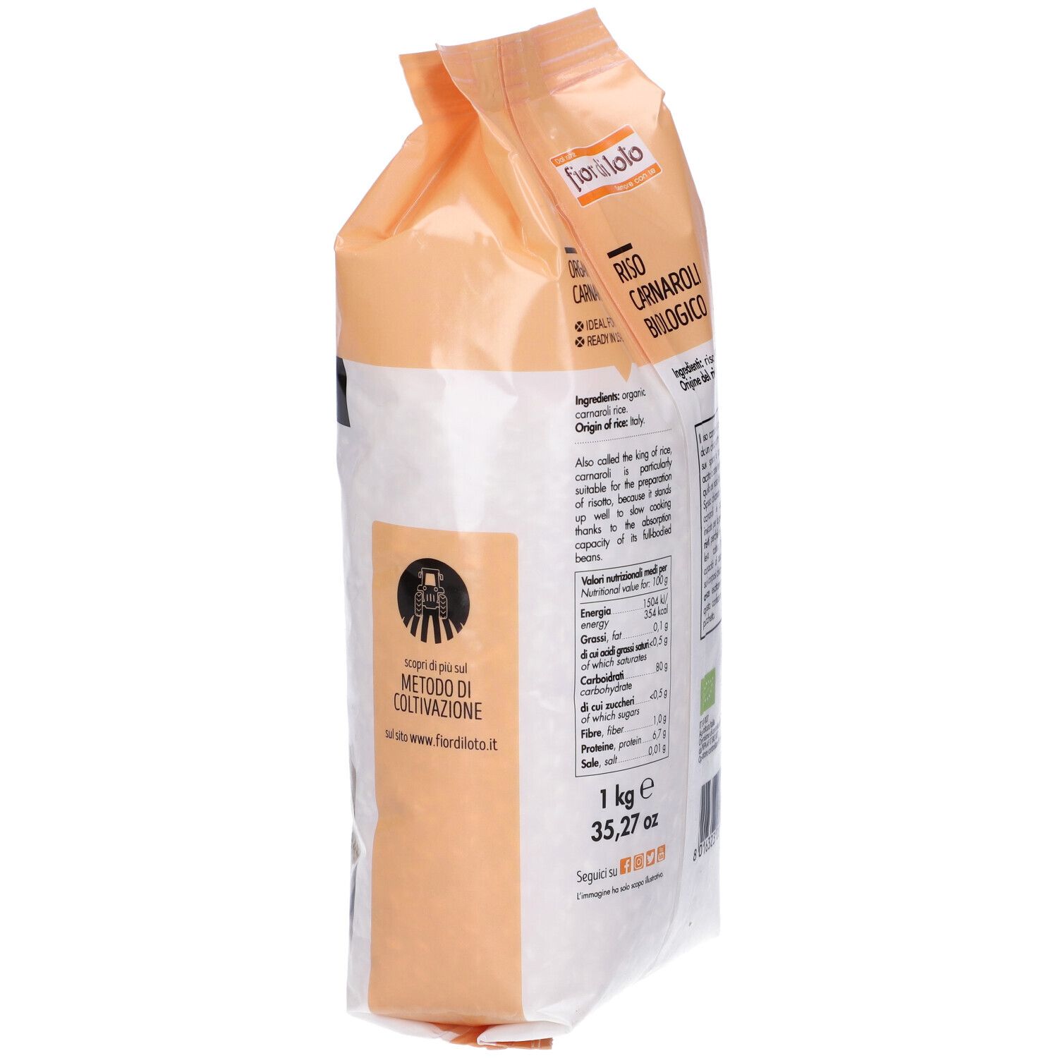 Retro della confezione di riso. Testo: Riso Carnaroli, Bio. Informazioni su ingredienti e valori nutrizionali.