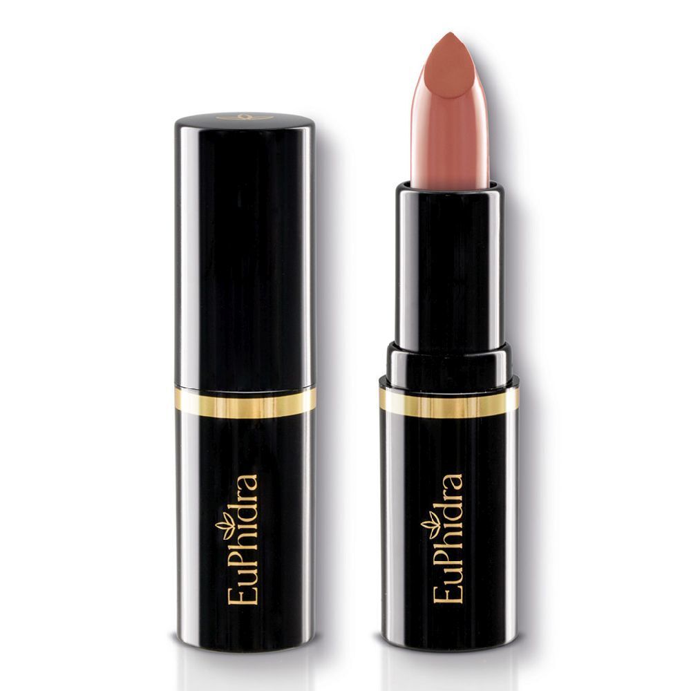 Rossetto in astuccio nero con anello dorato. Rossetto aperto mostra colore marrone rosato. Marchio: Euphidra.