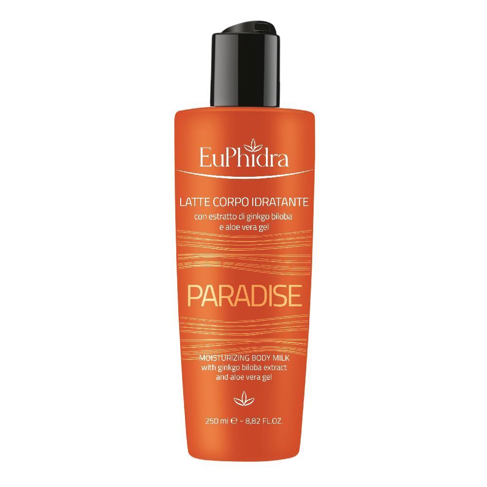 Flacone arancione con tappo nero. Scritta: EuPhidra, LATTE CORPO IDRATANTE, PARADISE. Contiene 250 ml.