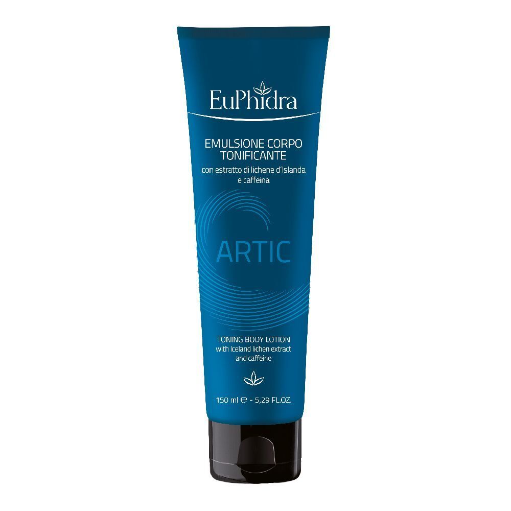 Tubo blu con testo bianco. Contiene "Emulsione Corpo Tonnificante Artic". Marchio: Euphidra. Tappo nero.