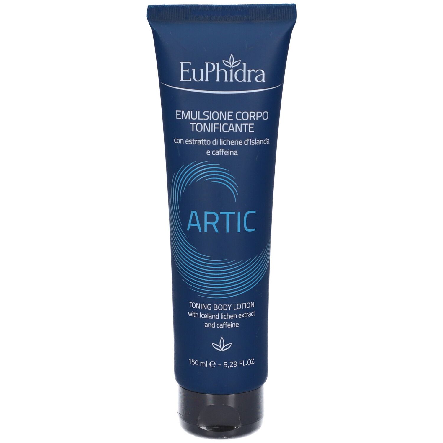 Tubo blu con testo bianco. Contiene "Emulsione Corpo Tonnificante Artic". Marchio: Euphidra. Tappo nero.