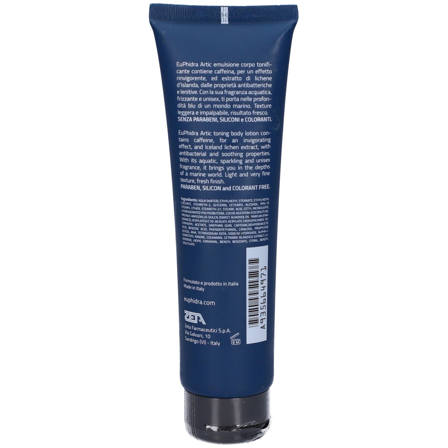 Retro di un tubo blu. Contiene testo in più lingue. Tappo nero. Contiene ingredienti e informazioni del produttore.