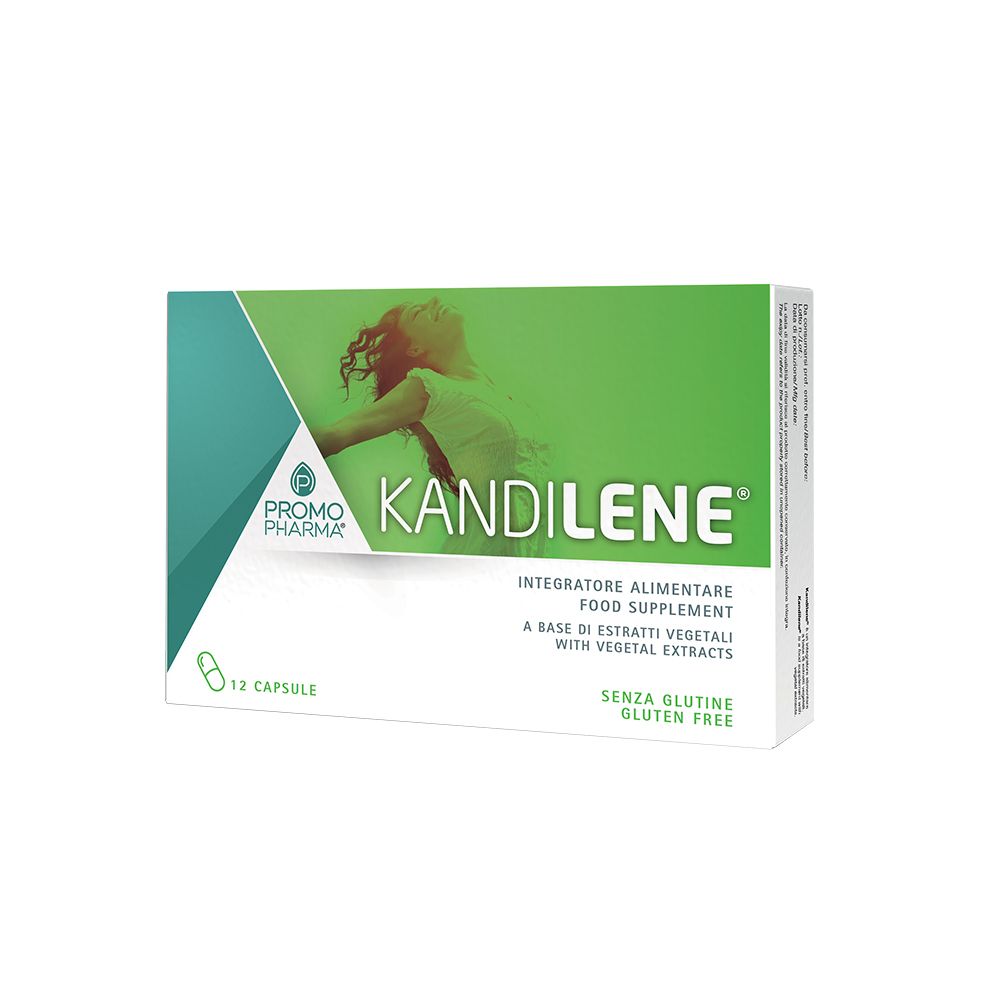 Confezione PromoPharma Kandilene. Design verde e bianco. 12 capsule. Senza glutine. Contiene estratti vegetali.