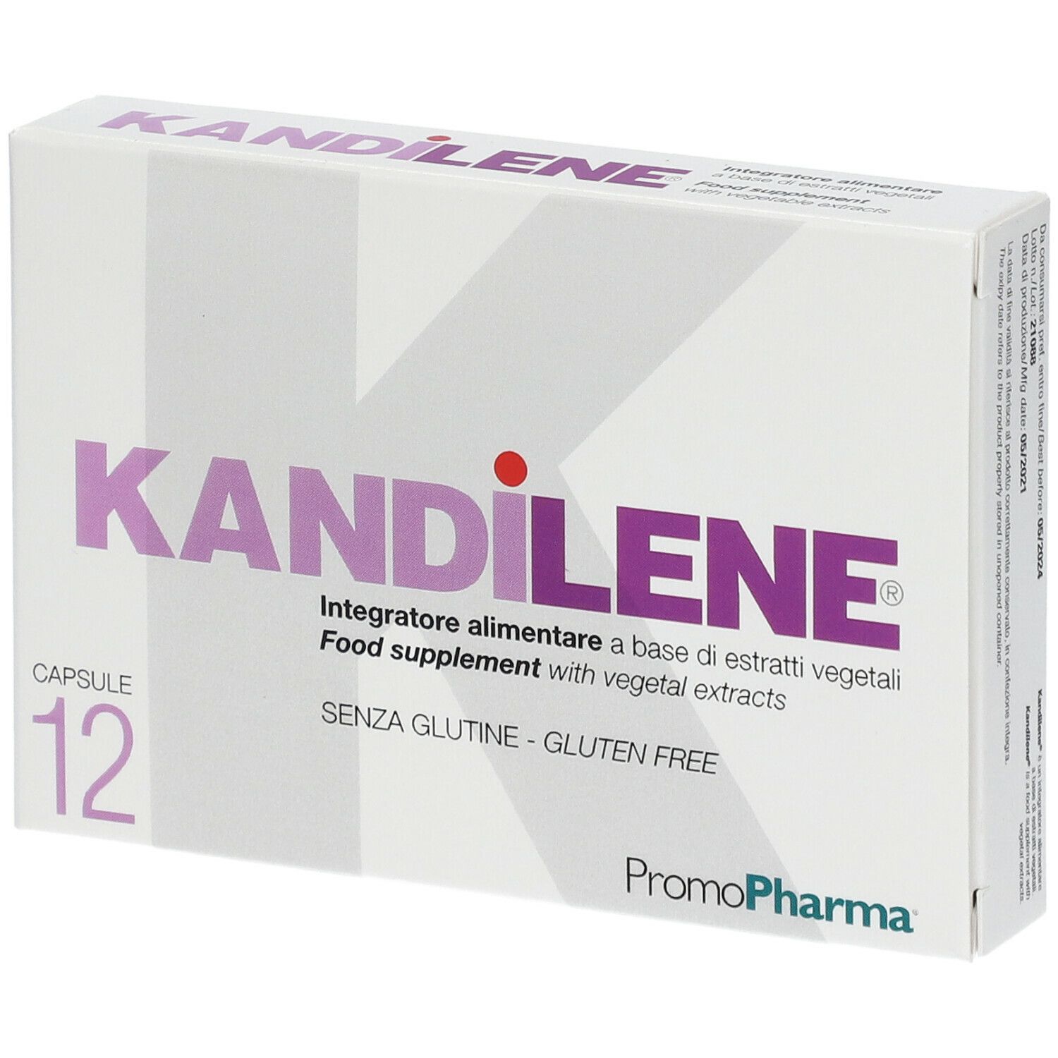 Confezione PromoPharma Kandilene. Design bianco con testo viola. 12 capsule. Senza glutine. Contiene estratti vegetali.