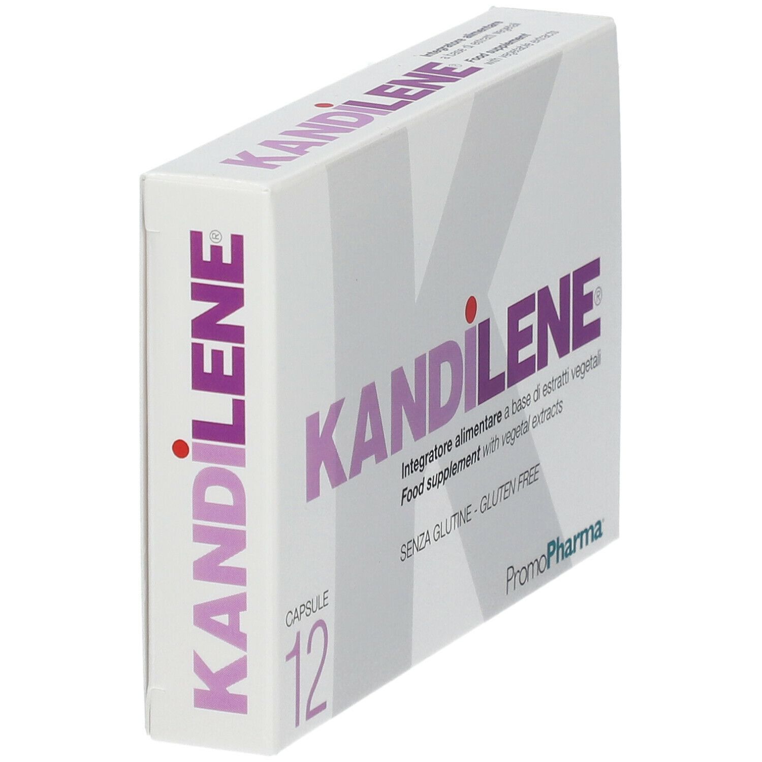 Confezione PromoPharma Kandilene. Vista obliqua. Design bianco con testo viola. 12 capsule. Senza glutine. Estratti vegetali.