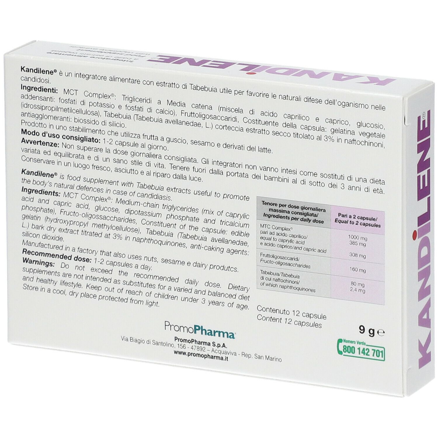 Confezione PromoPharma Kandilene. Retro. Informazioni su ingredienti, dosaggio e avvertenze. 12 capsule.