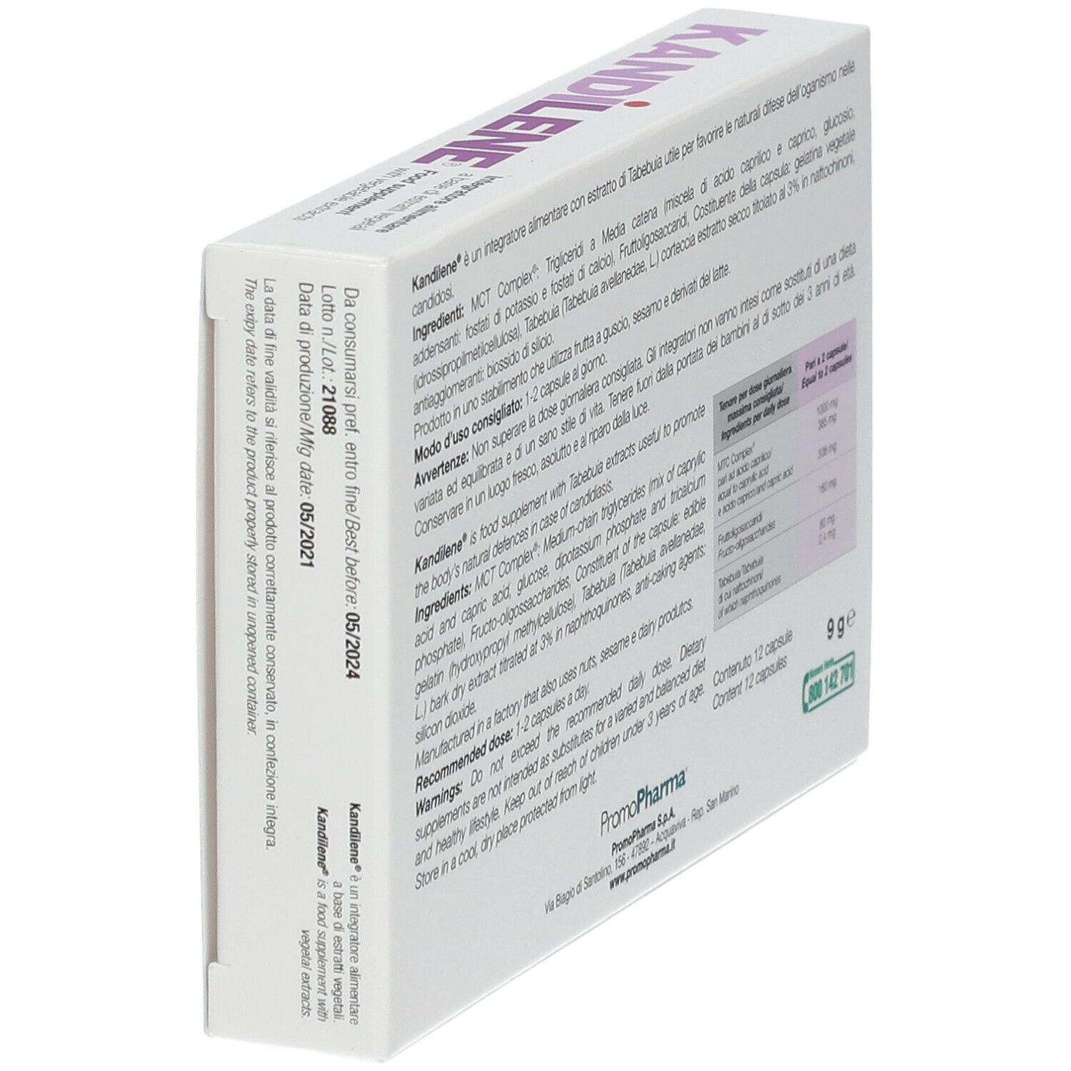 Confezione PromoPharma Kandilene. Vista obliqua del retro. Informazioni su ingredienti, dosaggio e avvertenze. 12 capsule.