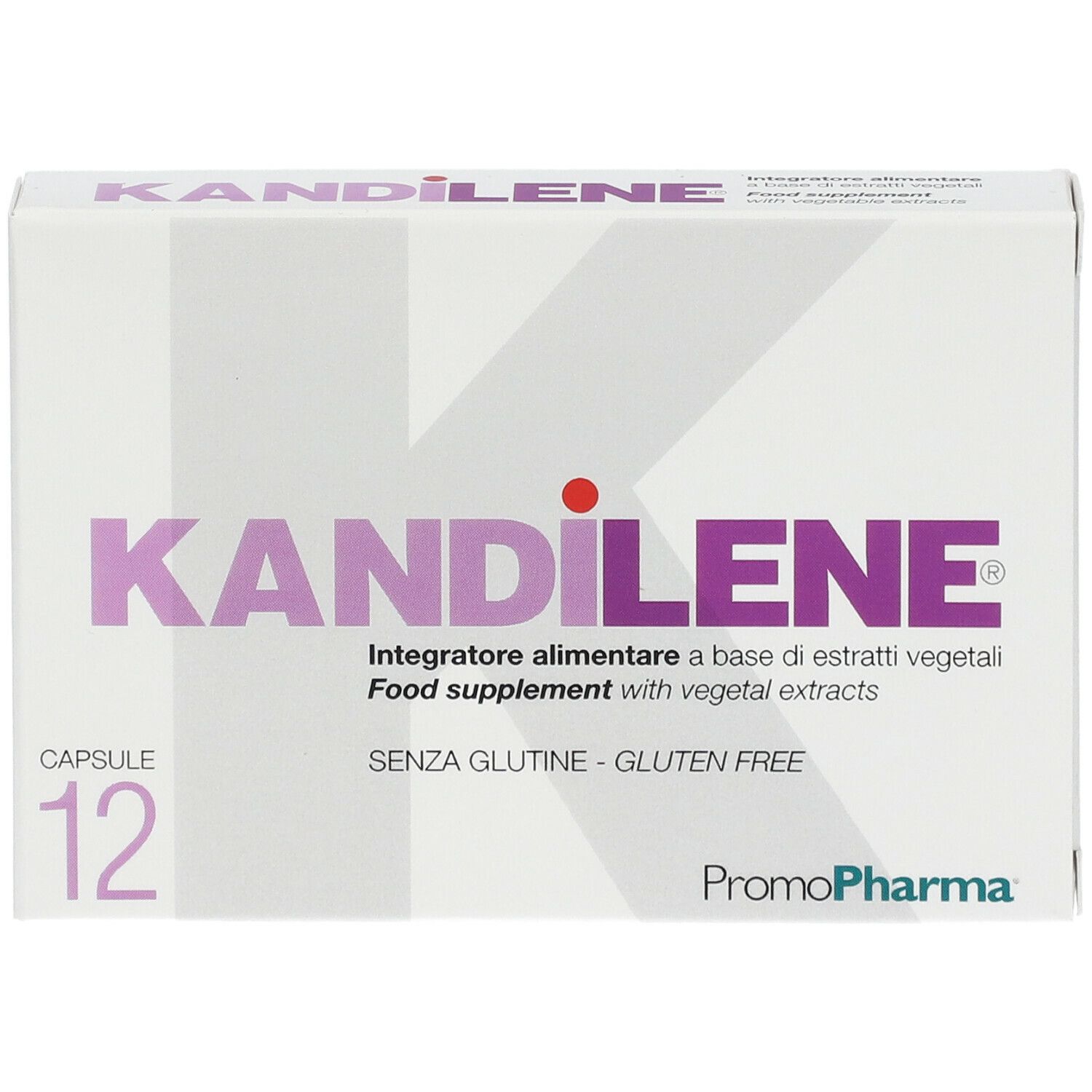 Confezione PromoPharma Kandilene. Design bianco con testo viola. 12 capsule. Senza glutine. Contiene estratti vegetali.