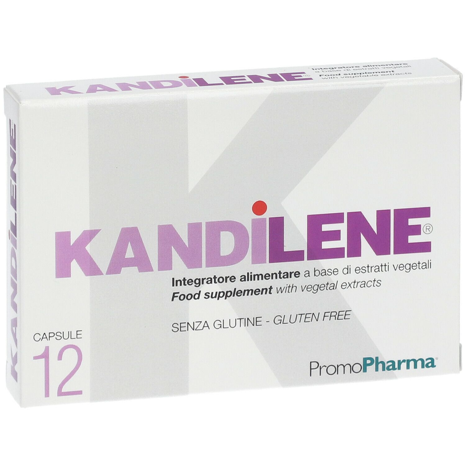 Confezione PromoPharma Kandilene. Design bianco con testo viola. 12 capsule. Senza glutine. Contiene estratti vegetali.