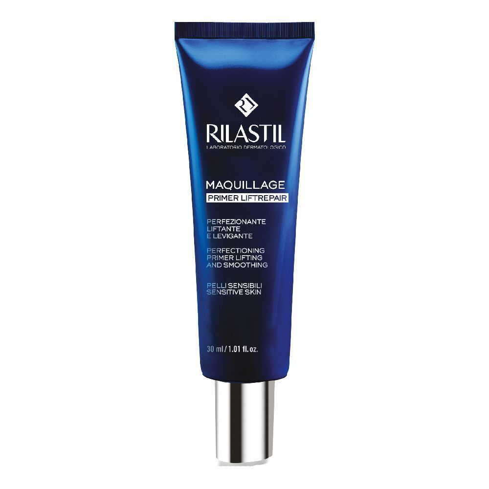 Tubo blu scuro con tappo argentato. Scritta: Rilastil, Maquillage Primer Liftrepair. Testo in più lingue.