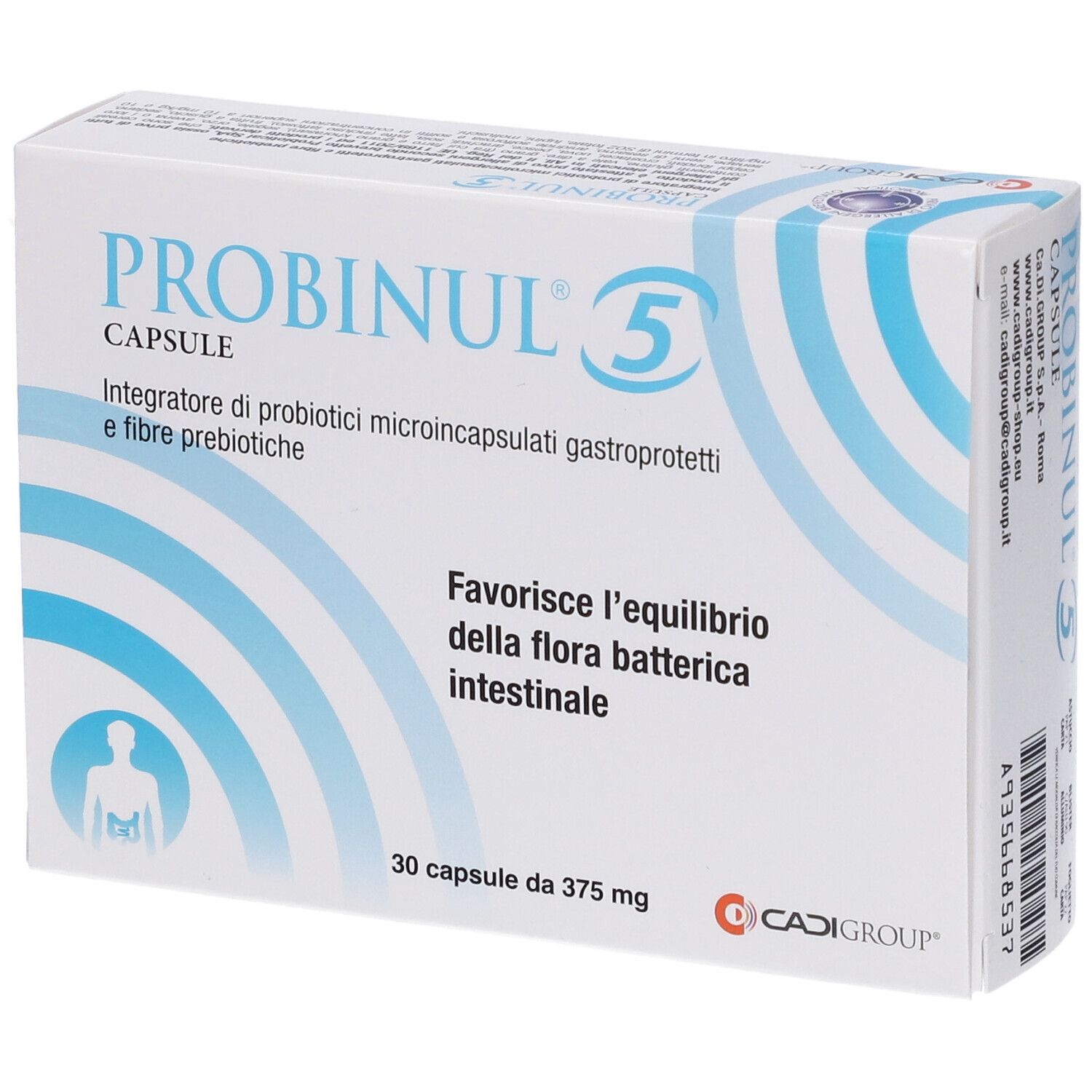 Confezione di PROBINUL® 5. Contiene 30 capsule. Testo: 'Integratore di probiotici'.