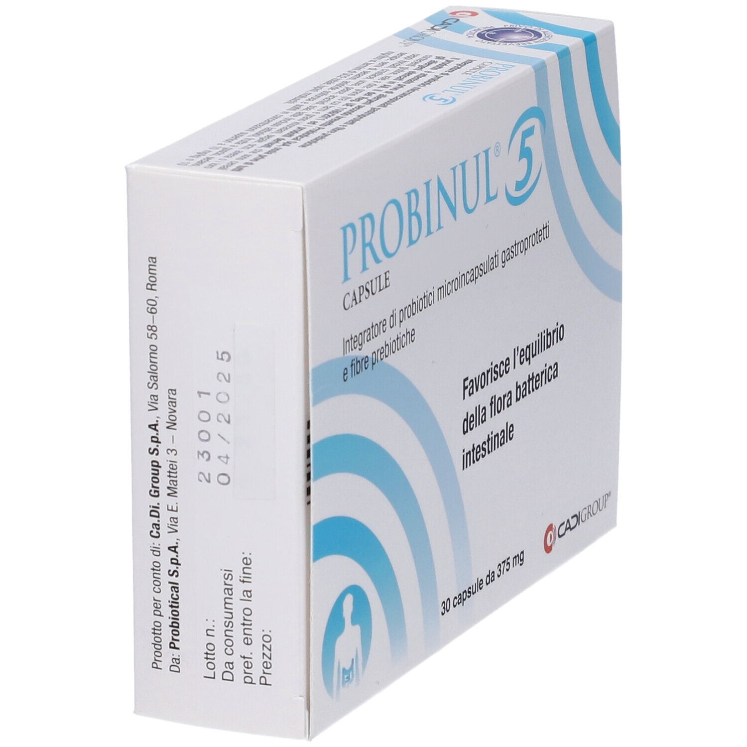 Confezione di PROBINUL® 5, angolata. Contiene 30 capsule. Testo: 'Integratore di probiotici'.