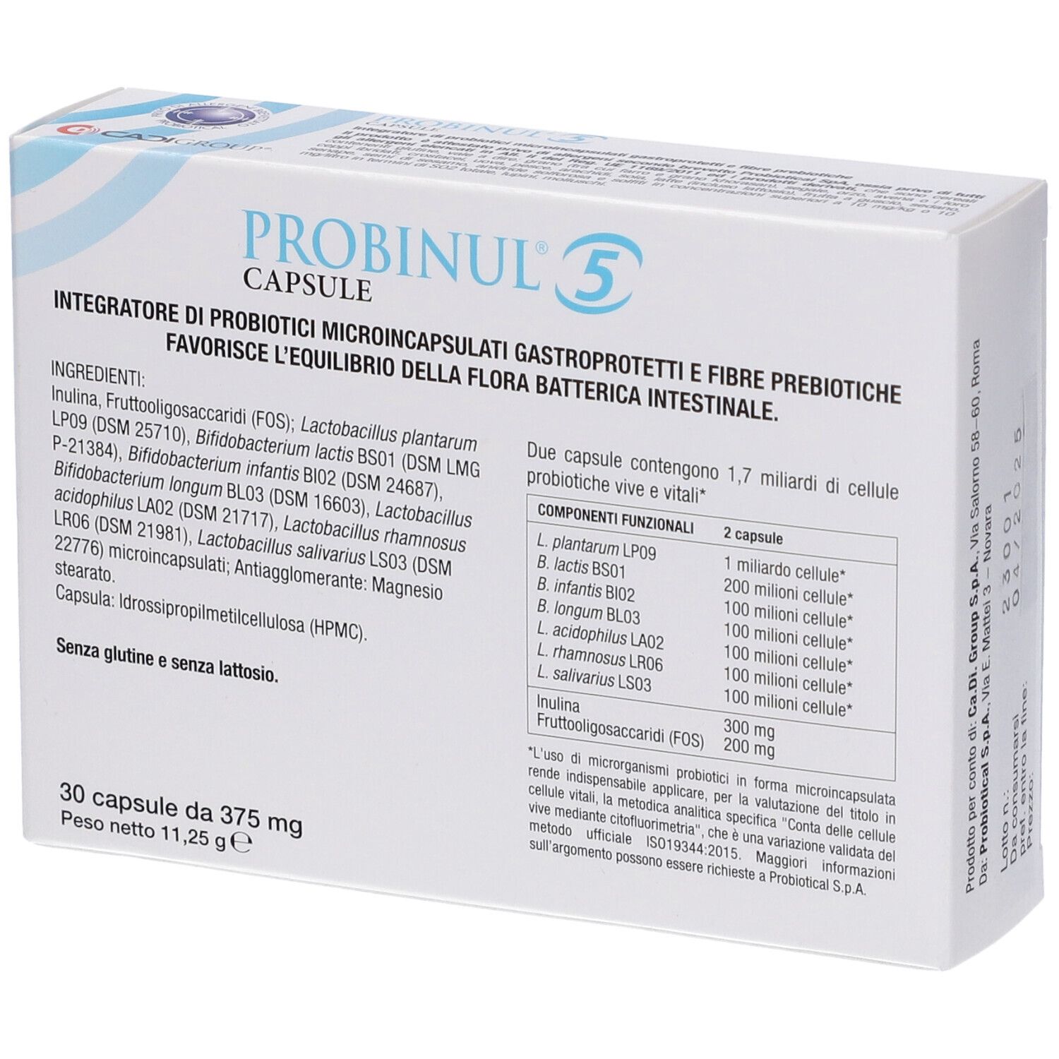 Confezione di PROBINUL® 5. Contiene 30 capsule. Elenco ingredienti e informazioni nutrizionali.